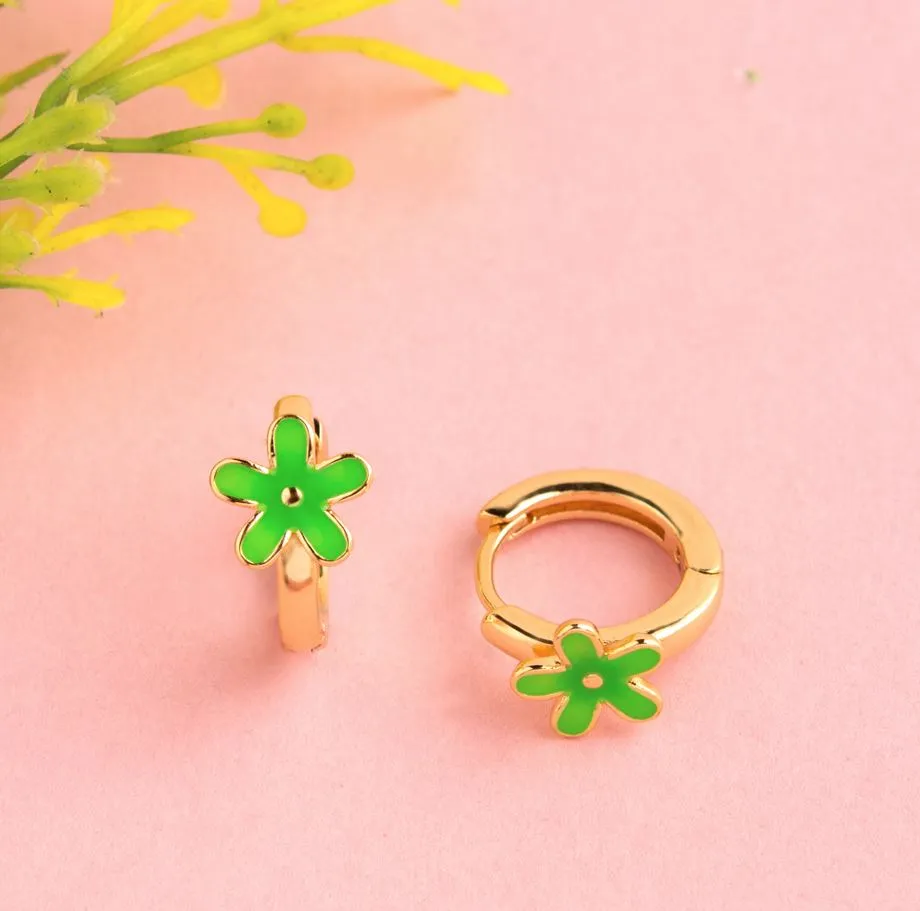 Gold Plated Small Floral Enamel Bali Hoops Earring