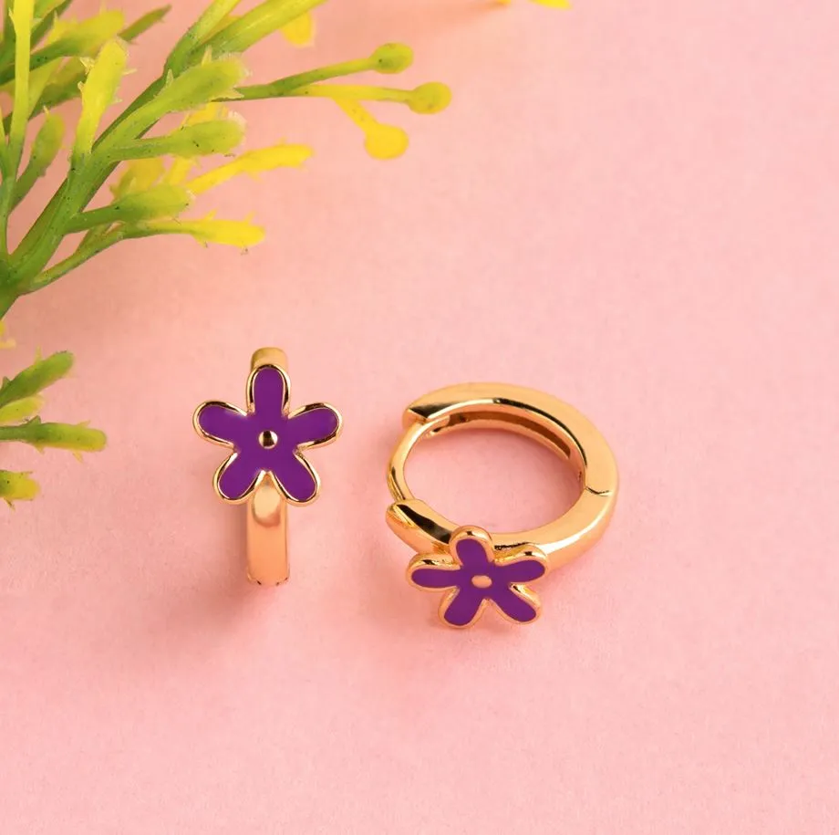 Gold Plated Small Floral Enamel Bali Hoops Earring