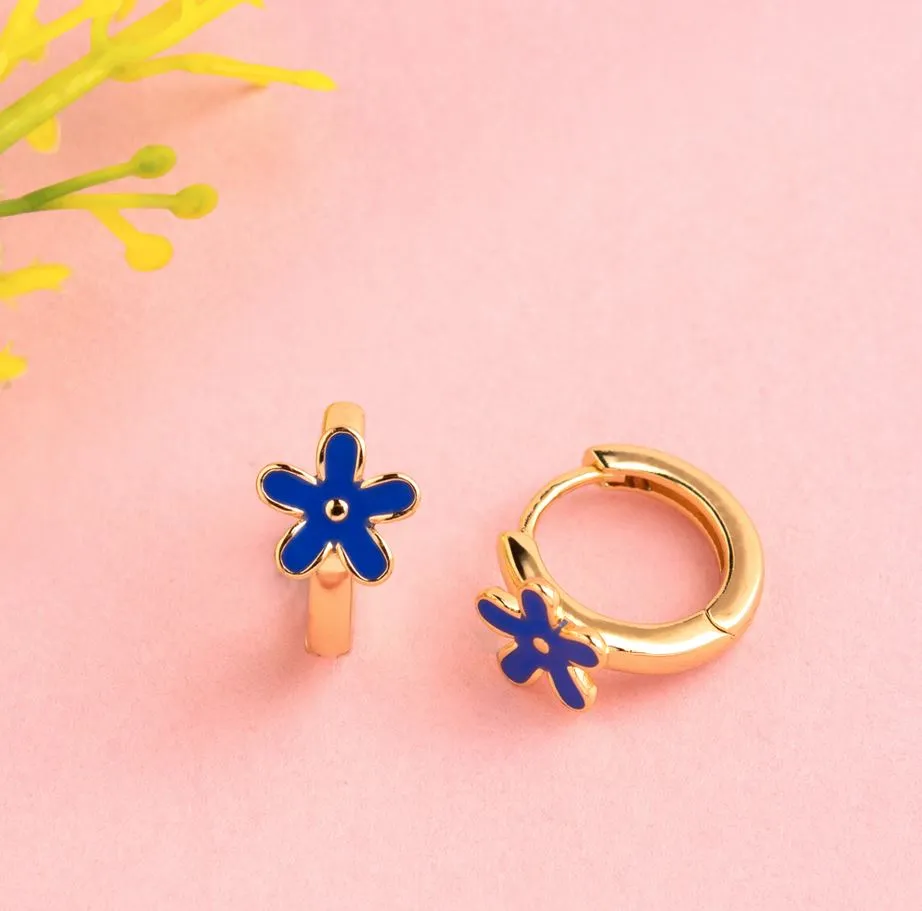Gold Plated Small Floral Enamel Bali Hoops Earring