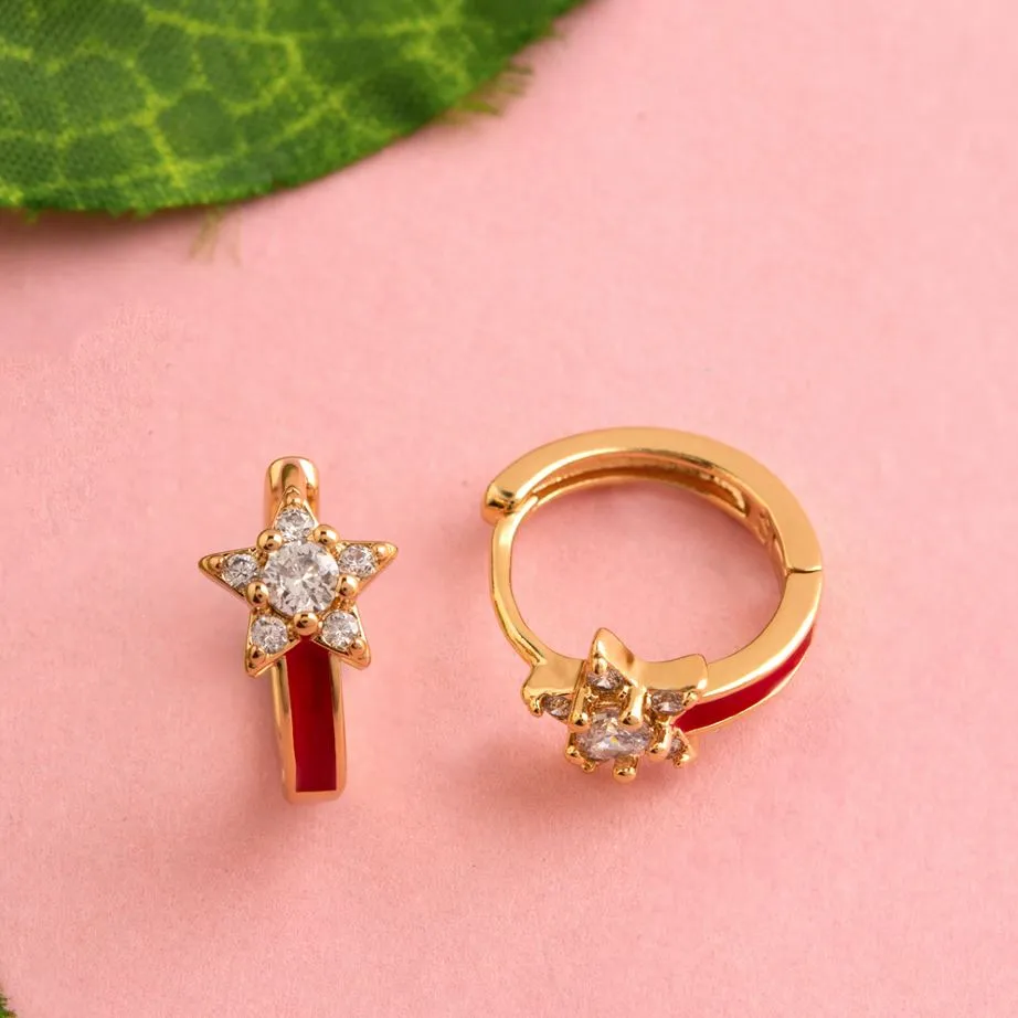 Gold Plated Star Designed With CZ American Diamond Enamel Bali Hoops Earring