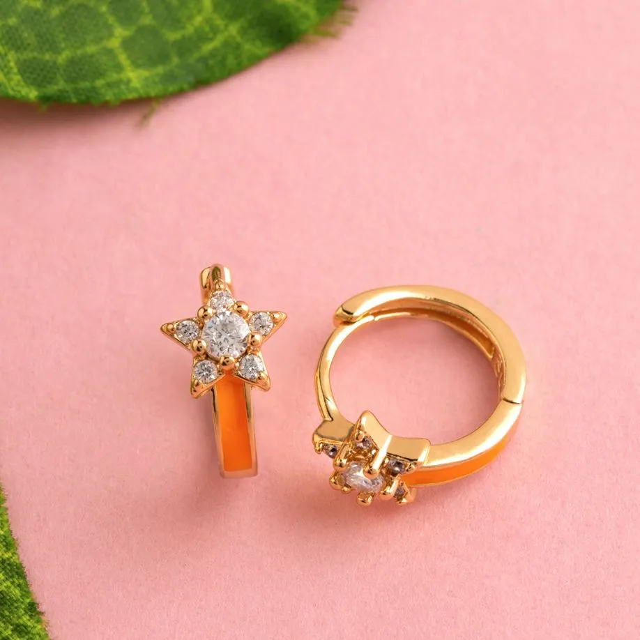 Gold Plated Star Designed With CZ American Diamond Enamel Bali Hoops Earring