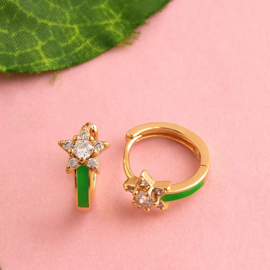 Gold Plated Star Designed With CZ American Diamond Enamel Bali Hoops Earring