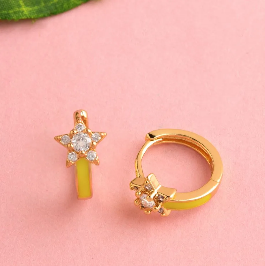 Gold Plated Star Designed With CZ American Diamond Enamel Bali Hoops Earring