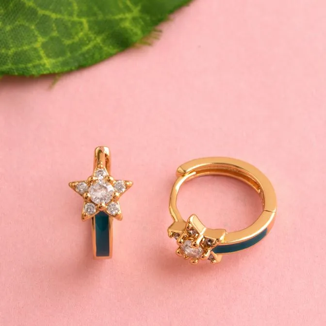 Gold Plated Star Designed With CZ American Diamond Enamel Bali Hoops Earring