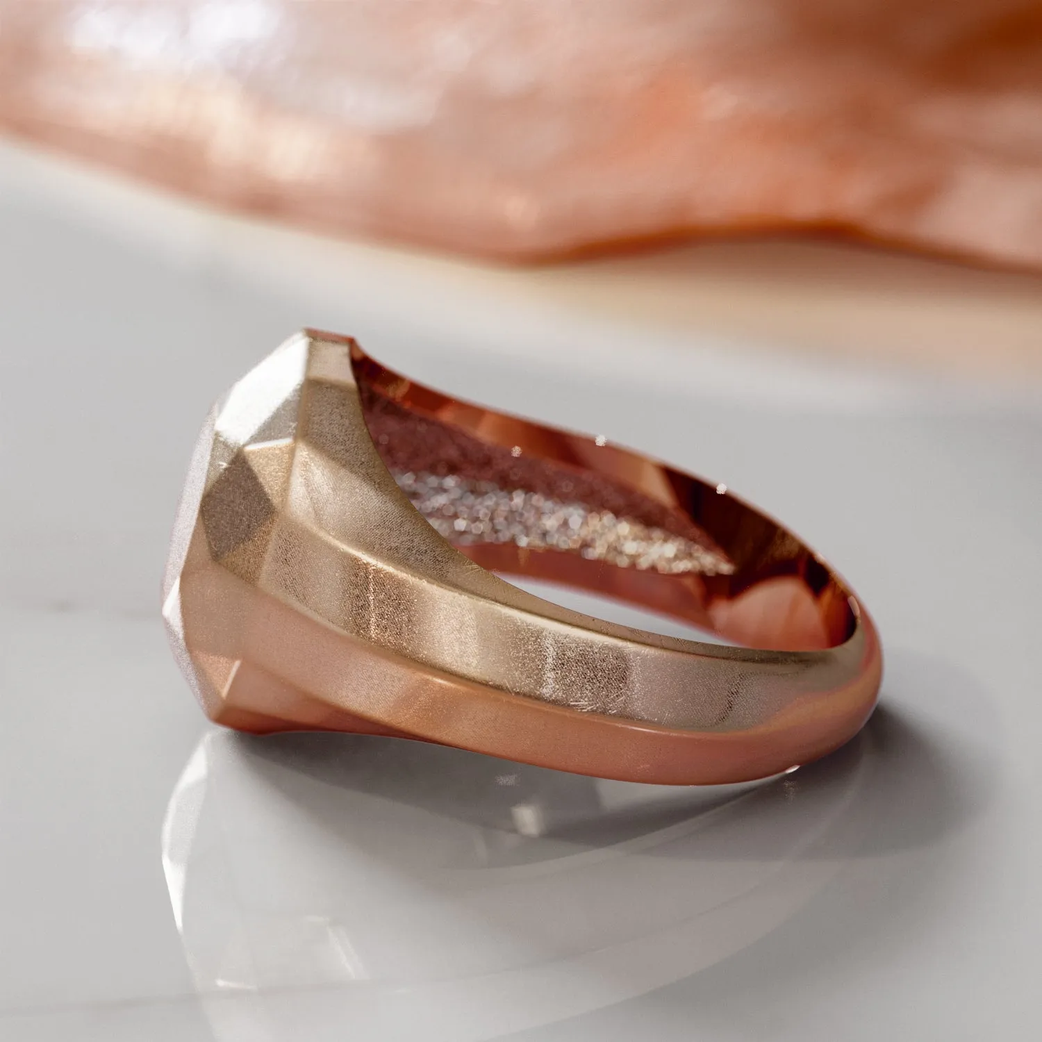 Golden Globe - 14K Rose Gold Diamond Shaped Faceted Signet Ring