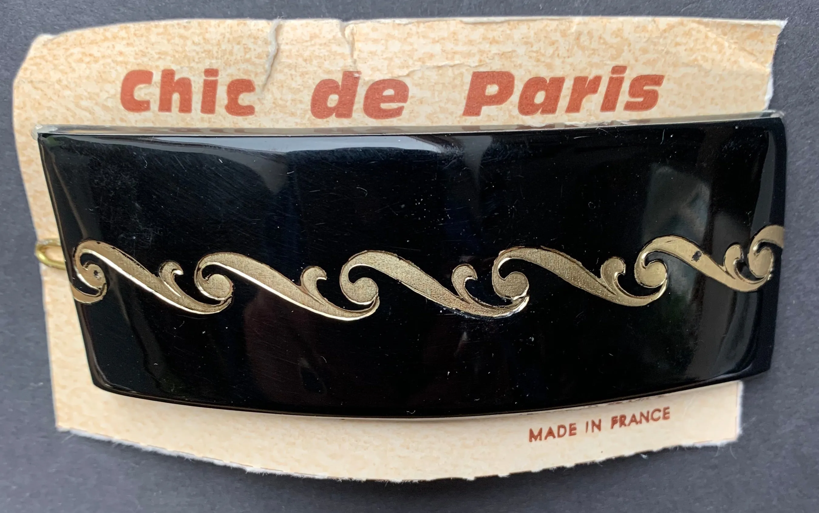 Gorgeous Swirly Deco Black and Gold 1940s French Hair Clip