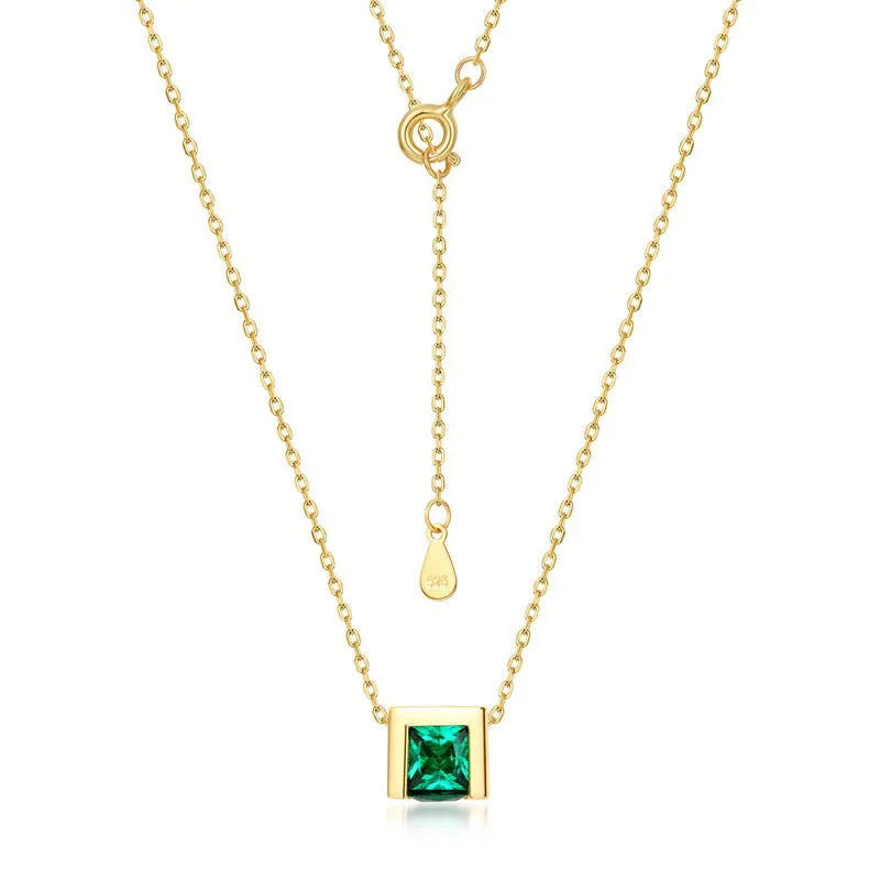 Green Zircon Hollow Cube Pendant Sterling Silver Necklace