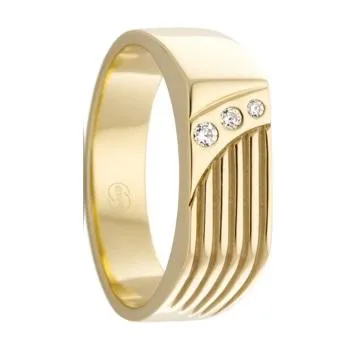 Grooved Gold Signet Ring with Diamonds