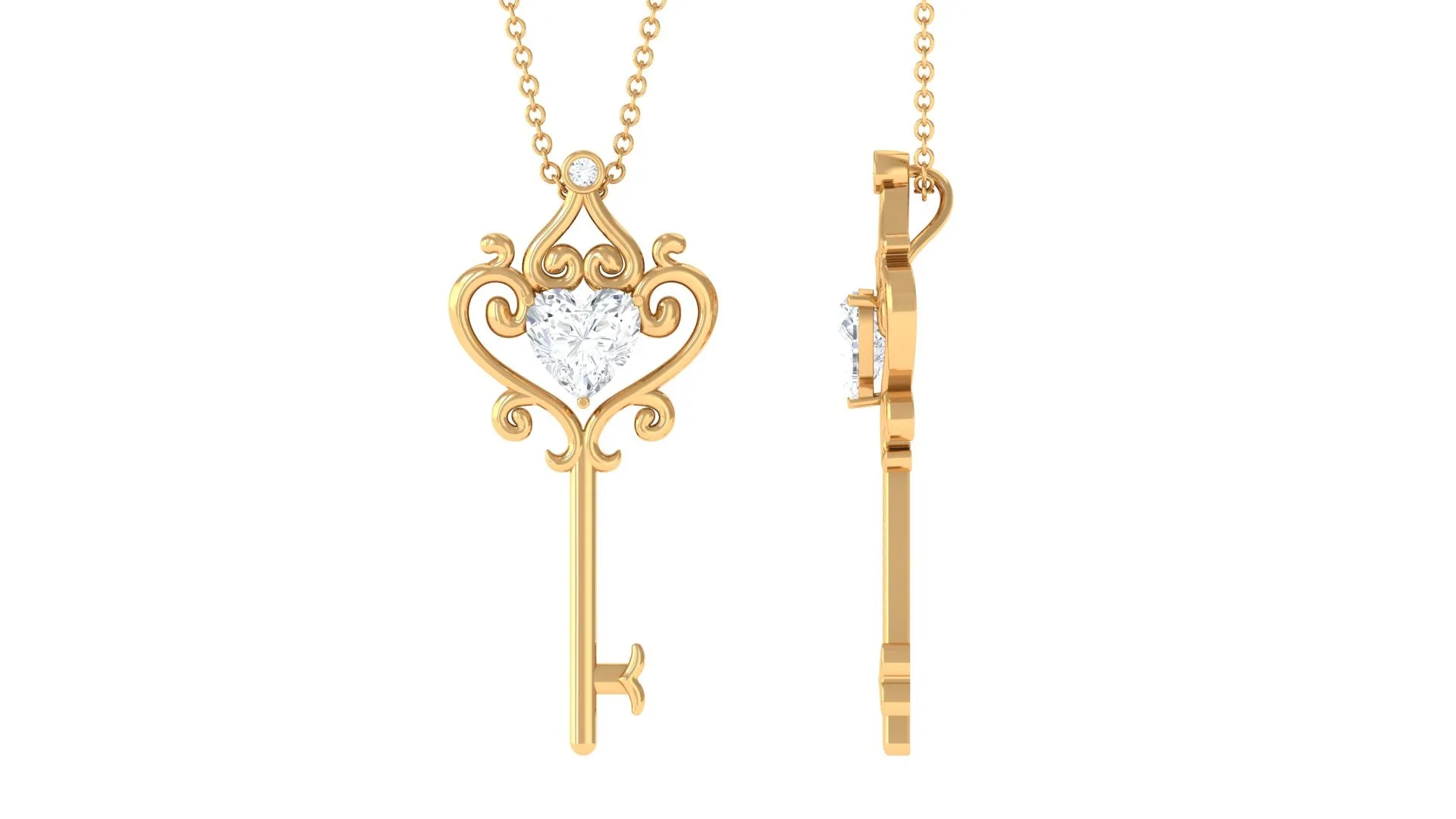 Heart Shape Moissanite Key Pendant Necklace with Chain