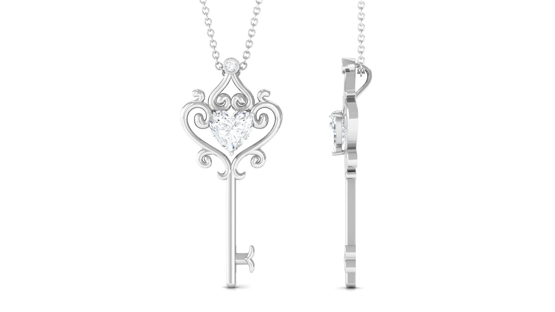 Heart Shape Moissanite Key Pendant Necklace with Chain