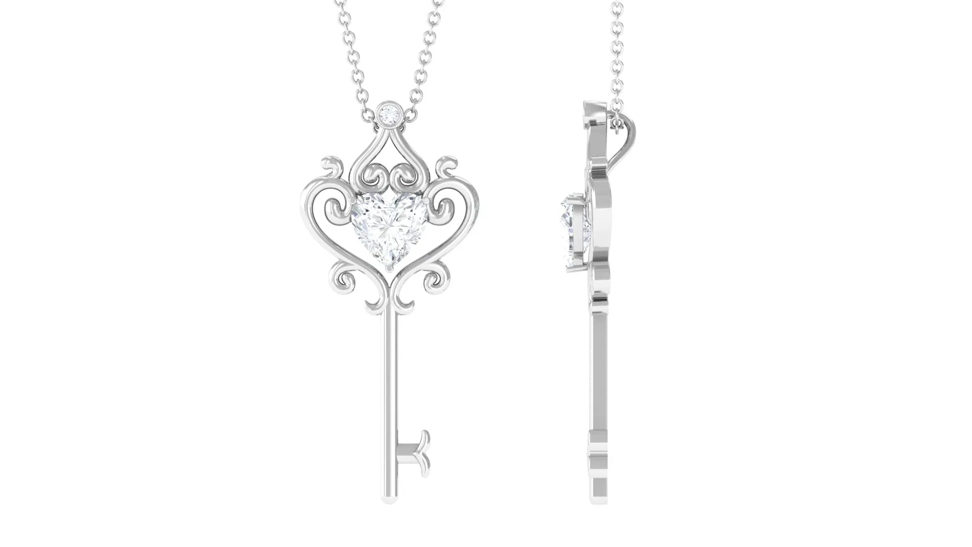 Heart Shape Moissanite Key Pendant Necklace with Chain