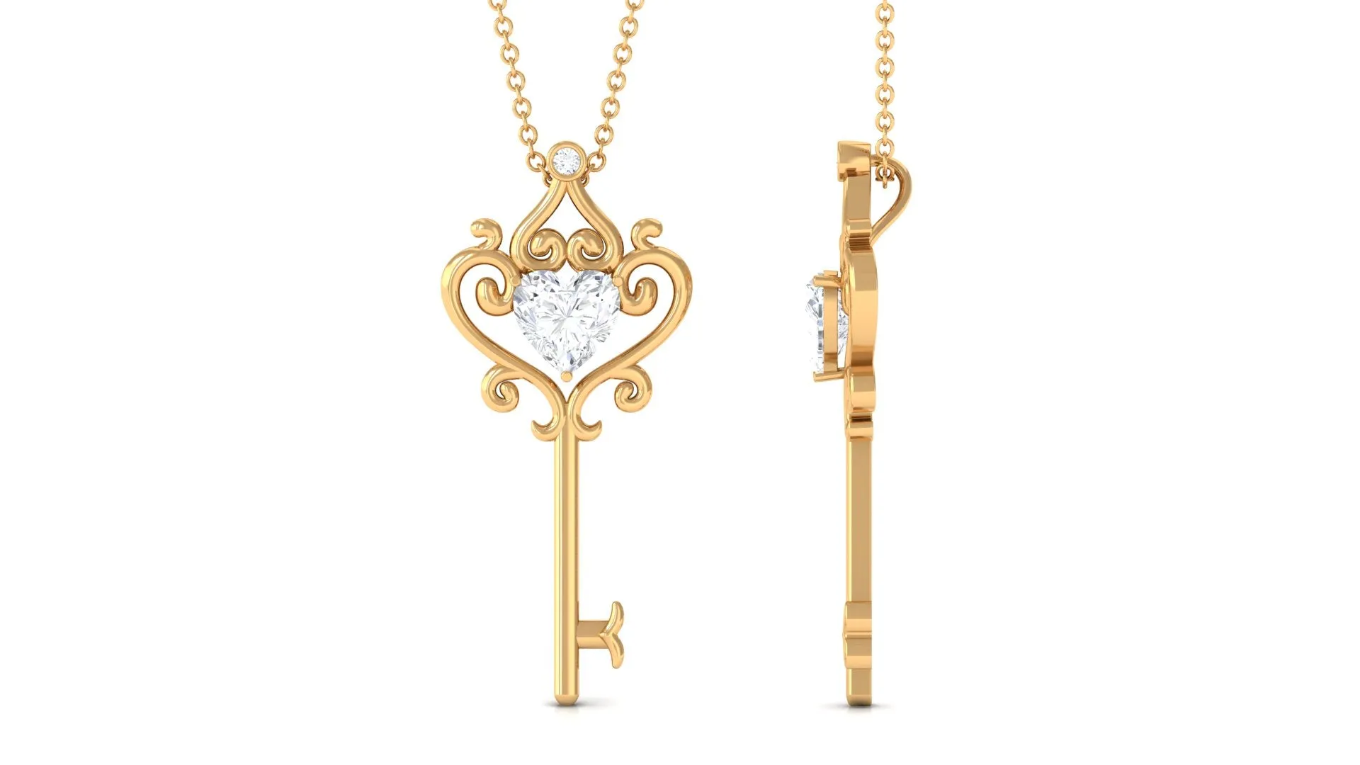Heart Shape Moissanite Key Pendant Necklace with Chain