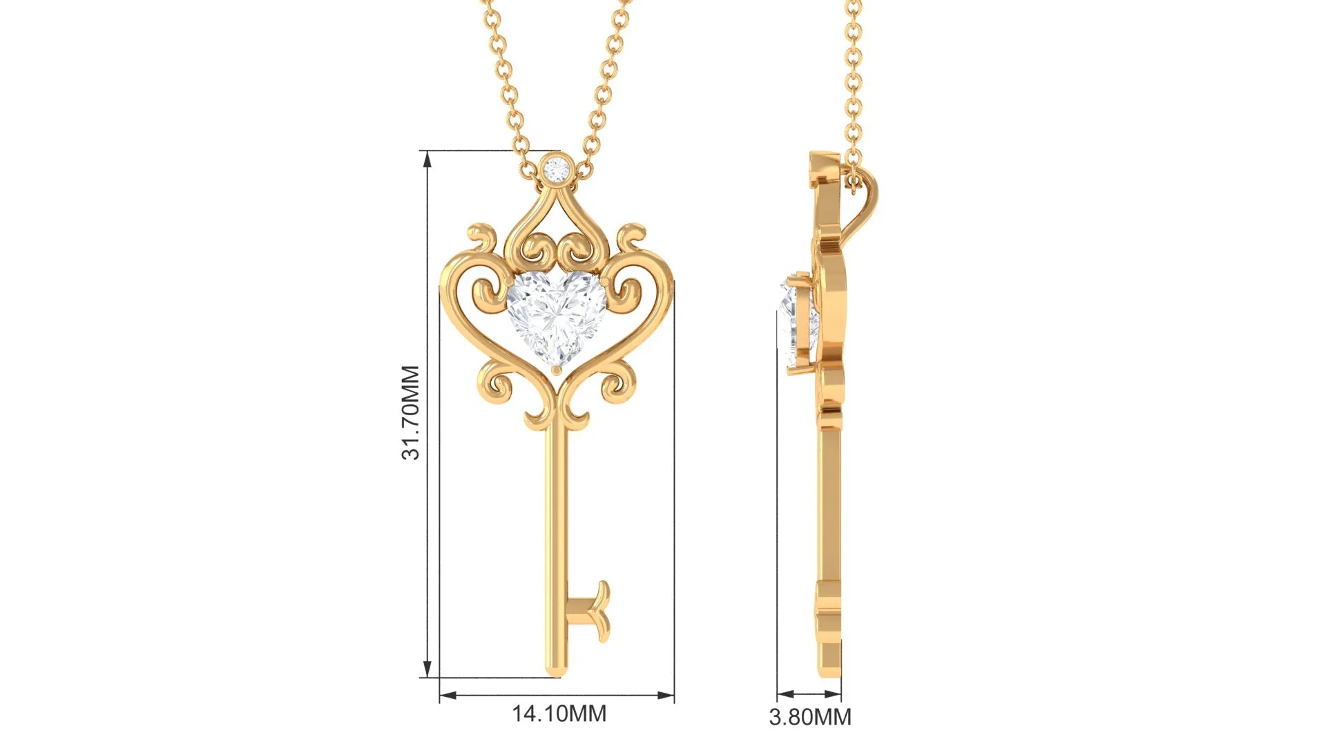 Heart Shape Moissanite Key Pendant Necklace with Chain