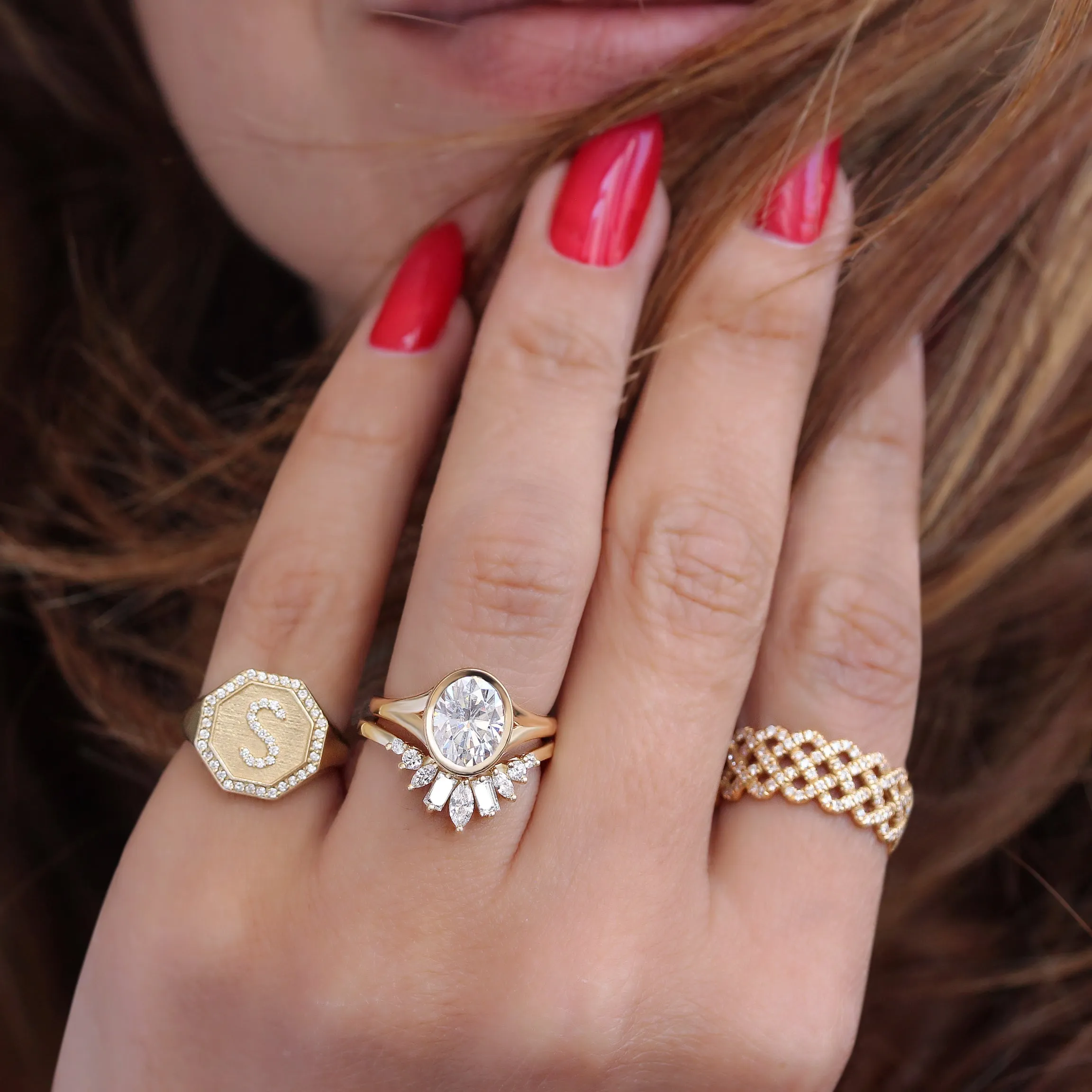 Initial Signet Ring - Octagon Signet Diamond Initial Ring - Personalized Gold Name Ring