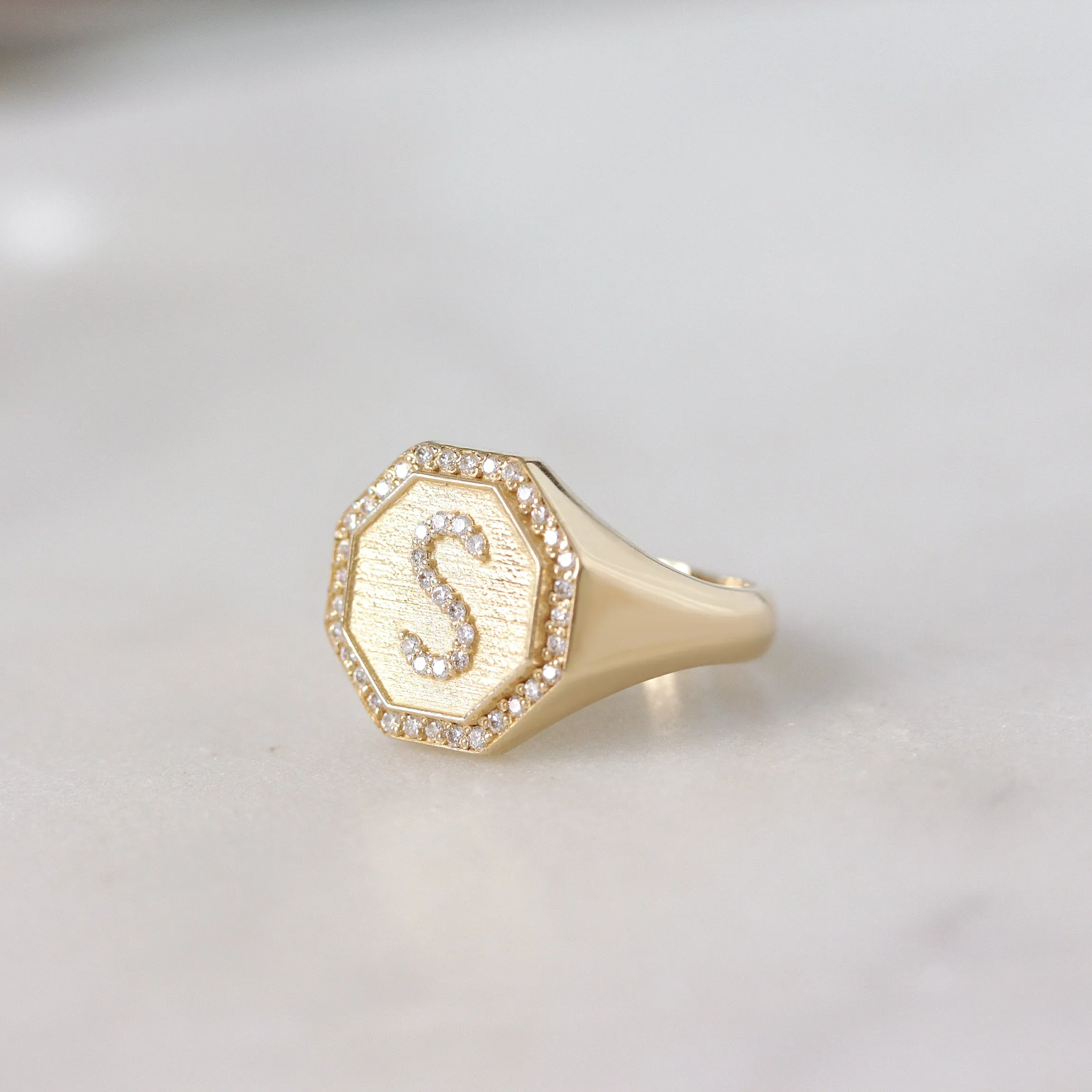 Initial Signet Ring - Octagon Signet Diamond Initial Ring - Personalized Gold Name Ring
