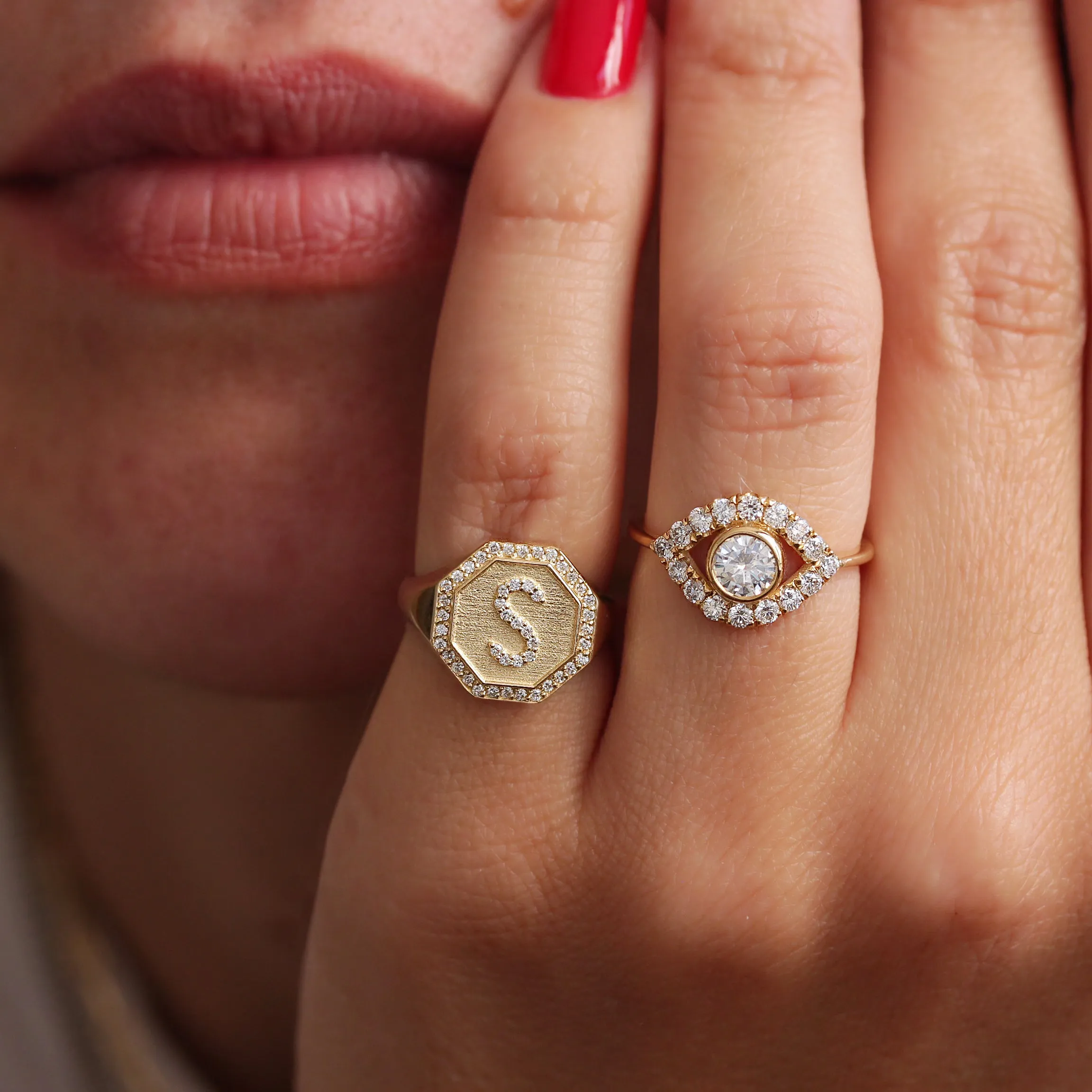 Initial Signet Ring - Octagon Signet Diamond Initial Ring - Personalized Gold Name Ring