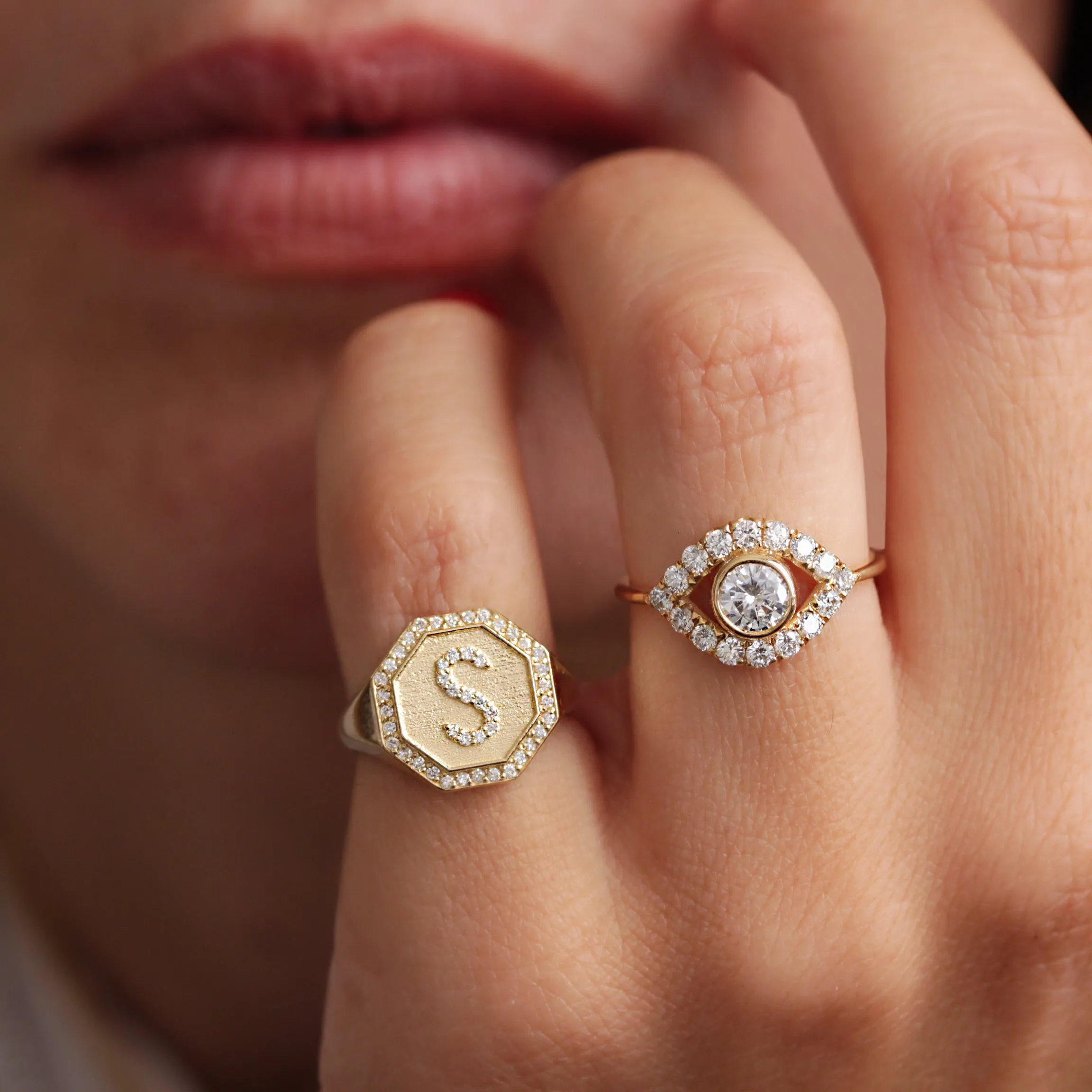 Initial Signet Ring - Octagon Signet Diamond Initial Ring - Personalized Gold Name Ring