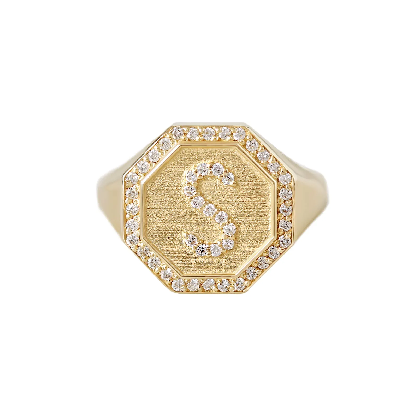 Initial Signet Ring - Octagon Signet Diamond Initial Ring - Personalized Gold Name Ring