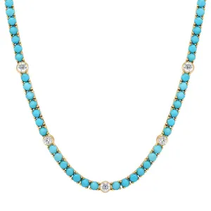 Large 4-Prong Turquoise Tennis Necklace with 5 Illusion Set Diamond Accents