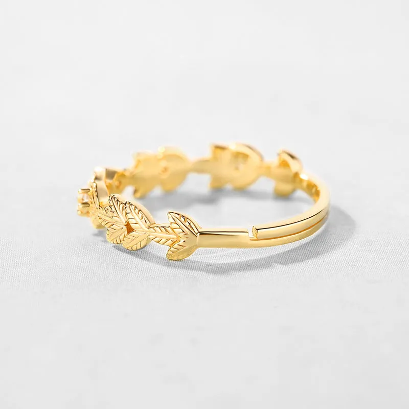 Leaf Vein Olive Branch Leaf Zircon Opening Sterling Silver Ring