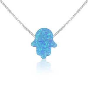 Light Blue Opal Hamsa Hand Necklace - 15 to 22 Inch Sterling Silver Box Chain FREE EVIL EYE BRACELET with order