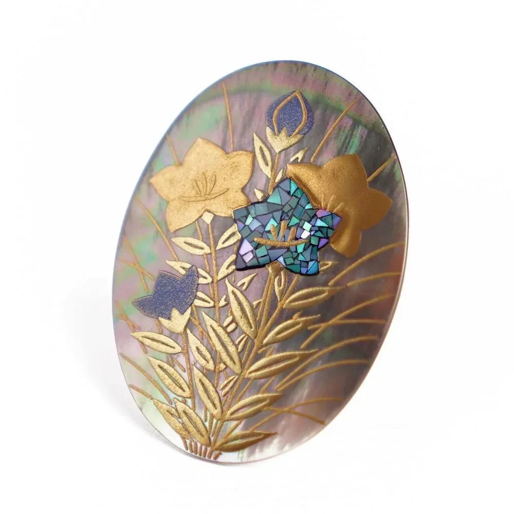 Maki-e Urushi Lacquer Brooch - Black Lip Oyster Pearl Shell / Bellflower -, Traditional Japanese Urushi Lacquer Jewelry
