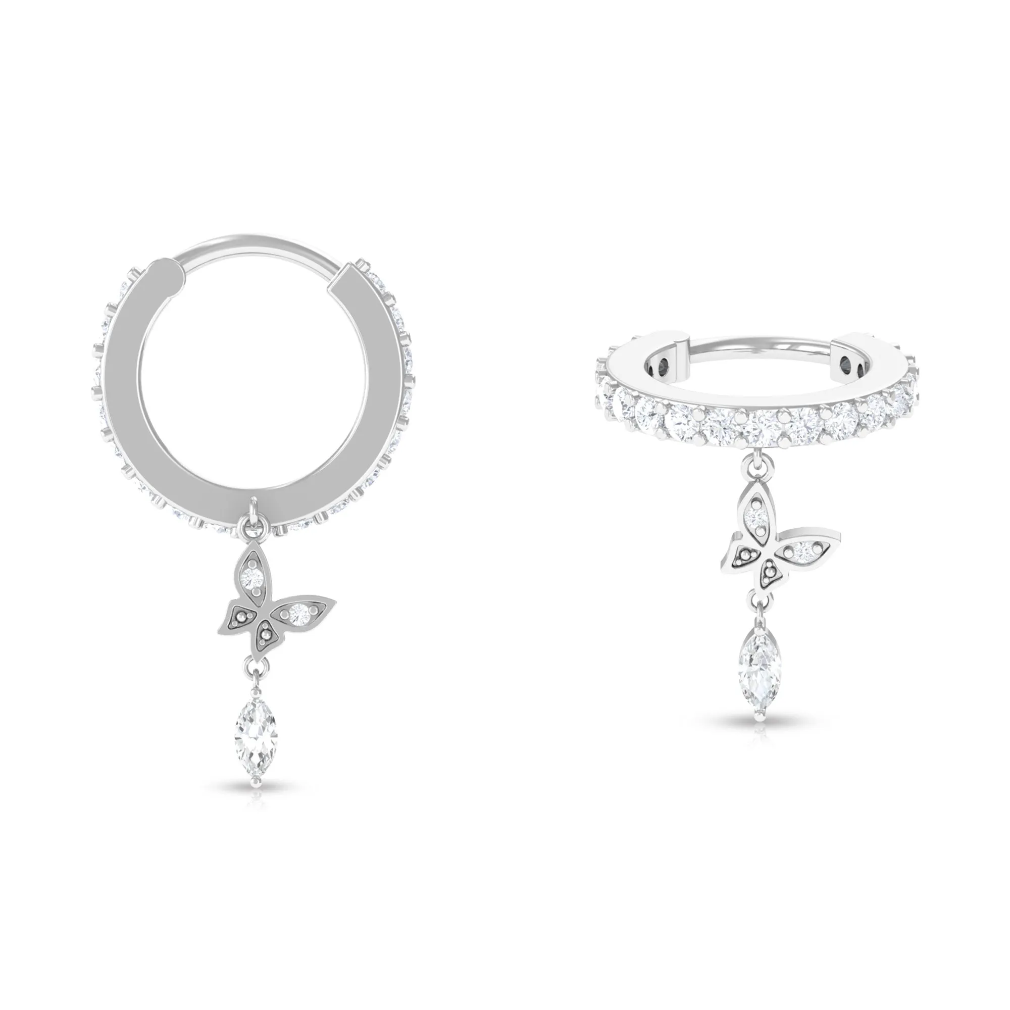 Natural Diamond Butterfly Drop Hoop Earring for Helix Piercing