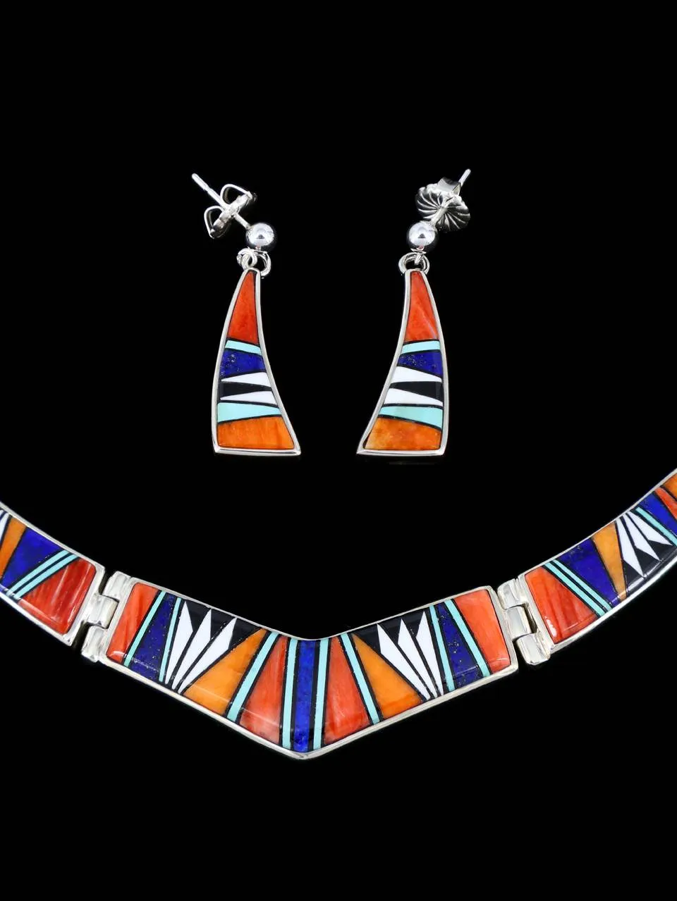 Navajo Multistone Inlay Sterling Silver Link Necklace Set