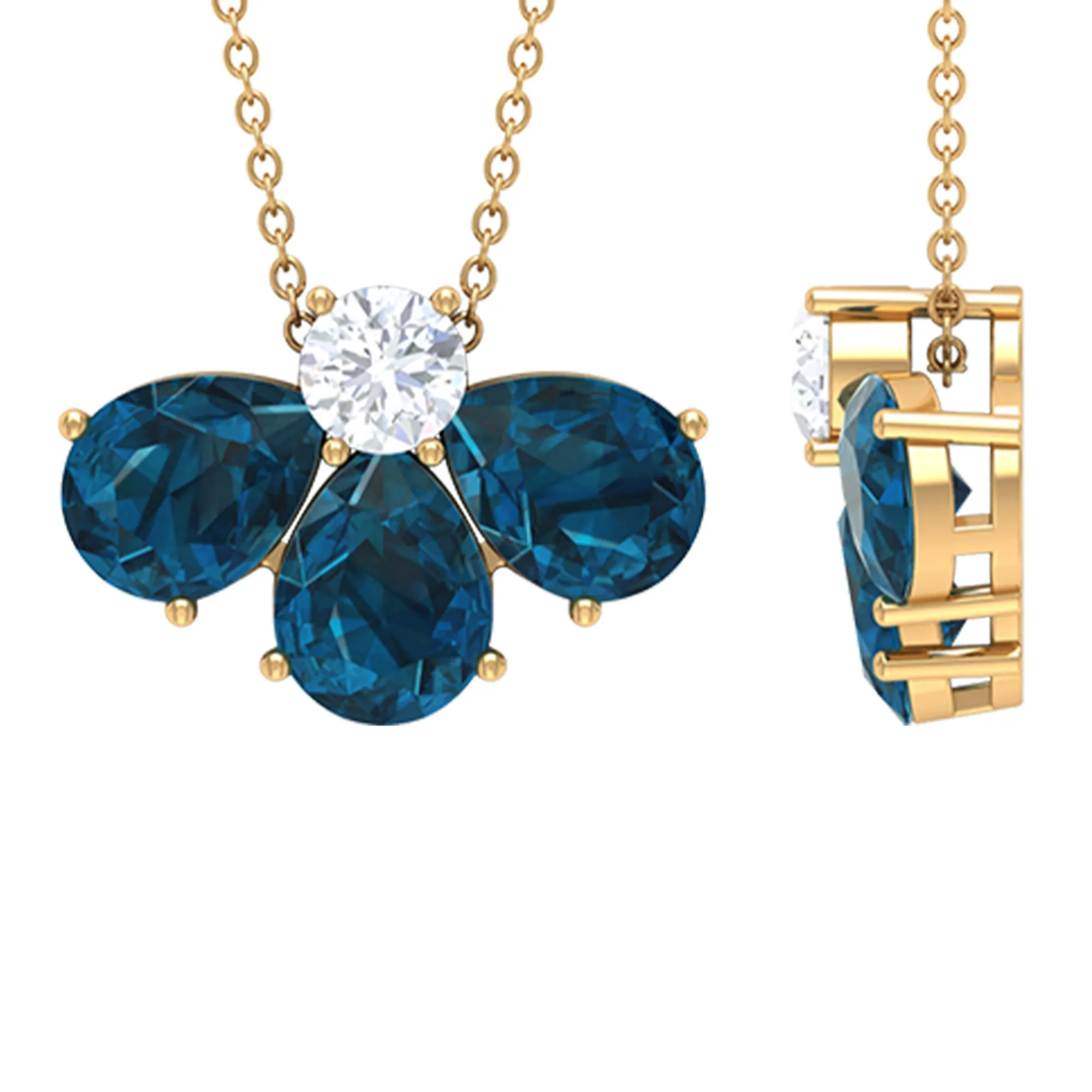 Pear Cut London Blue Topaz and Moissanite Flower Pendant