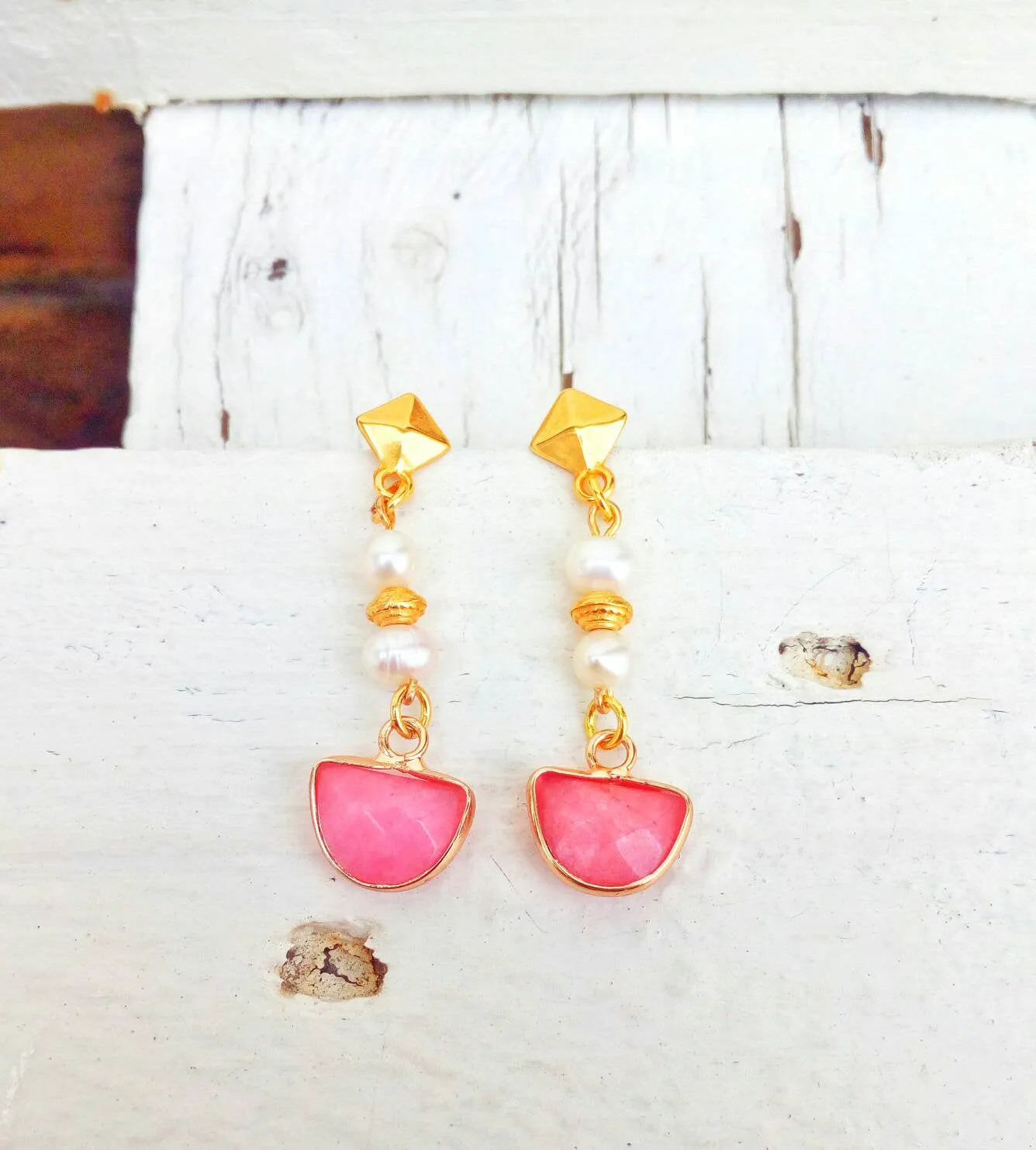 Pink Jade Earrings, Drop Pearl Earrings For Bridesmaids
