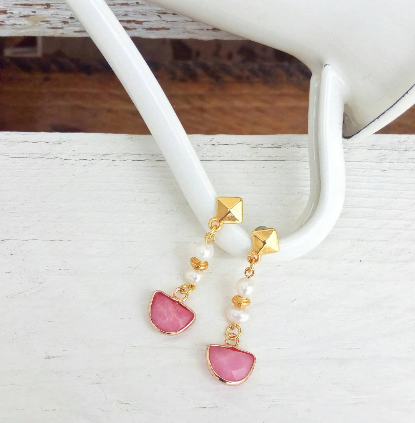 Pink Jade Earrings, Drop Pearl Earrings For Bridesmaids