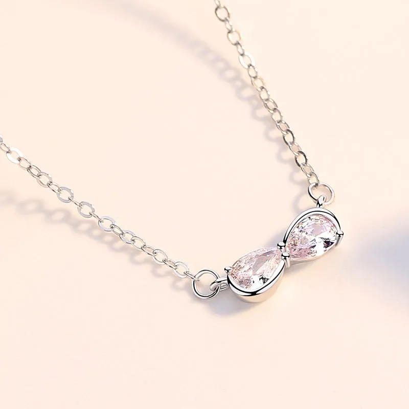 Pink Zircon Bowknot  Pendant Silver Necklace for Women