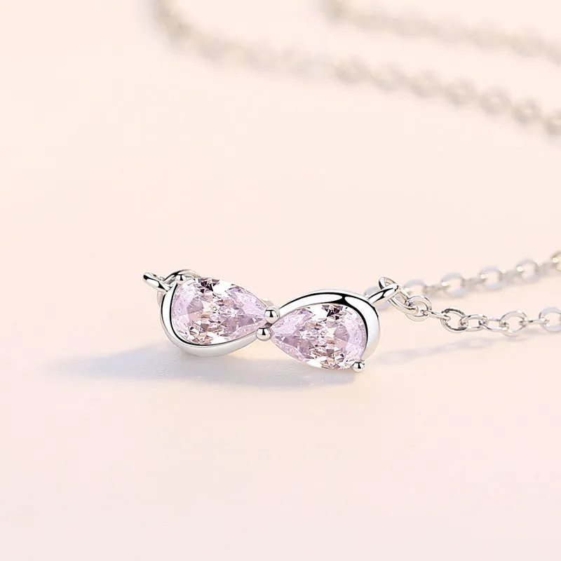 Pink Zircon Bowknot  Pendant Silver Necklace for Women
