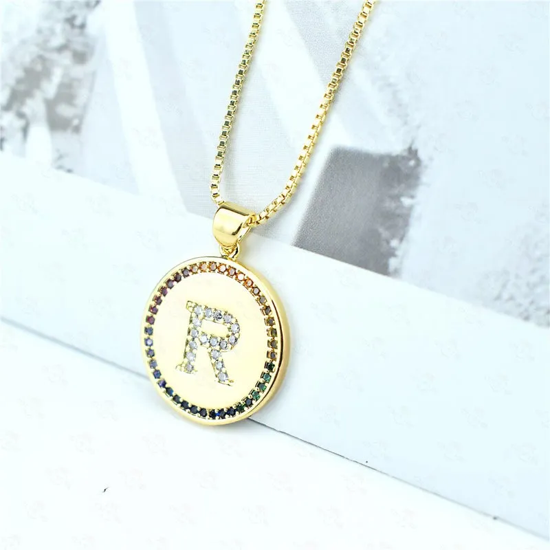 Rainbow Zircon Accented Personalized Initial Letter Pendant Necklaces