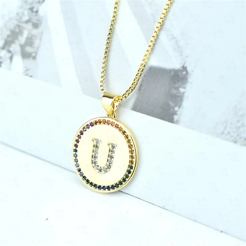 Rainbow Zircon Accented Personalized Initial Letter Pendant Necklaces