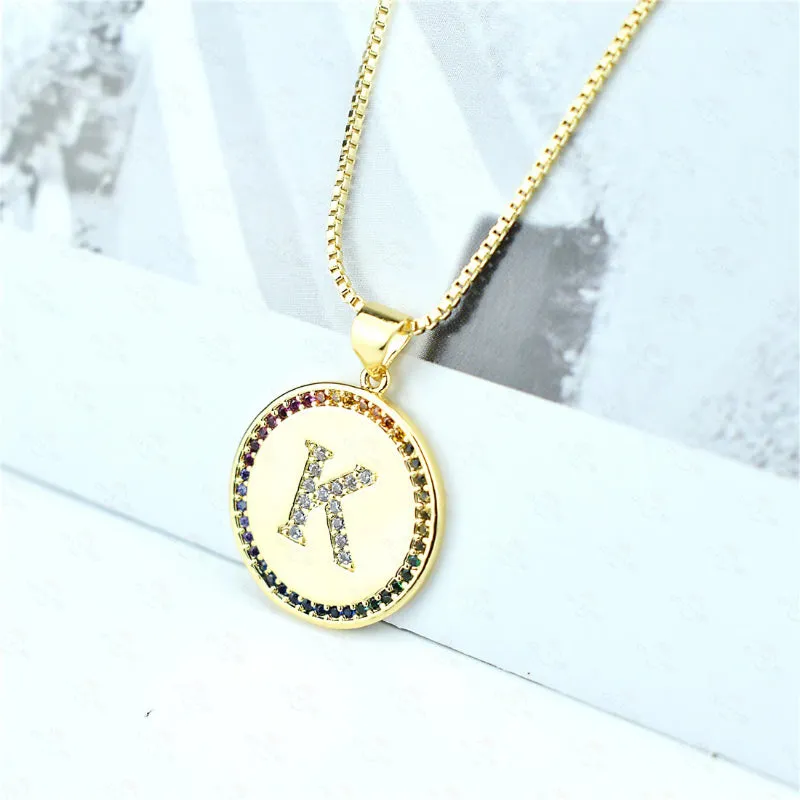 Rainbow Zircon Accented Personalized Initial Letter Pendant Necklaces