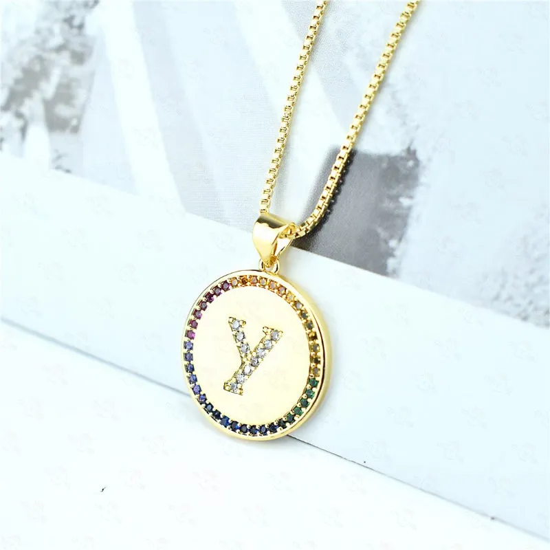 Rainbow Zircon Accented Personalized Initial Letter Pendant Necklaces