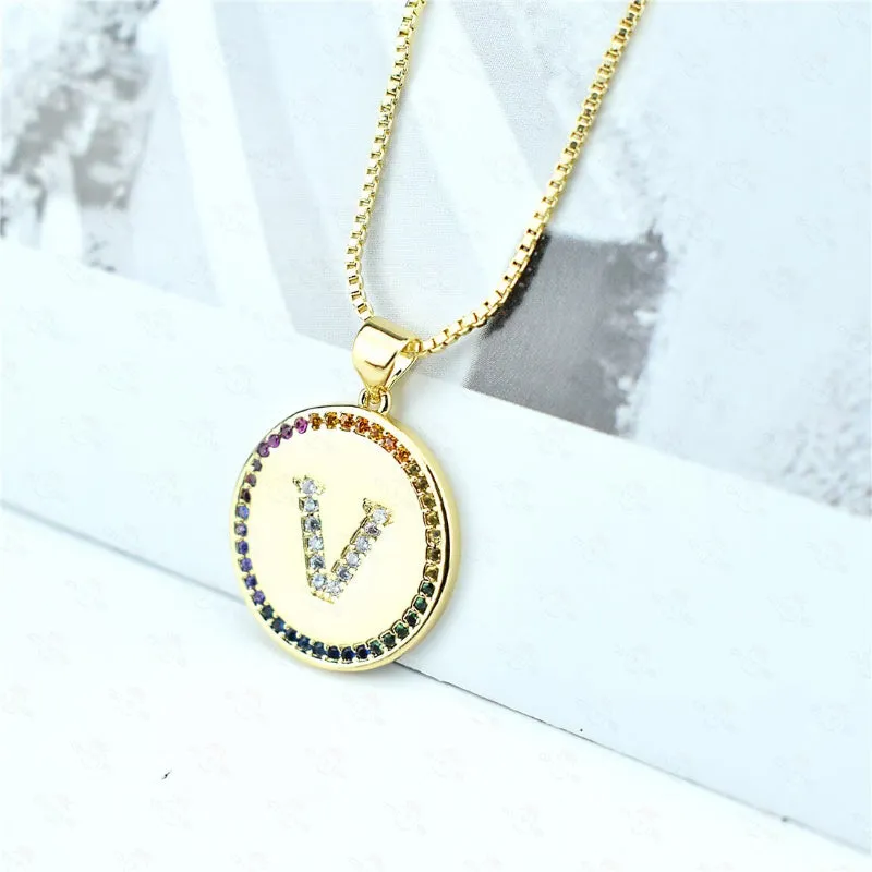 Rainbow Zircon Accented Personalized Initial Letter Pendant Necklaces