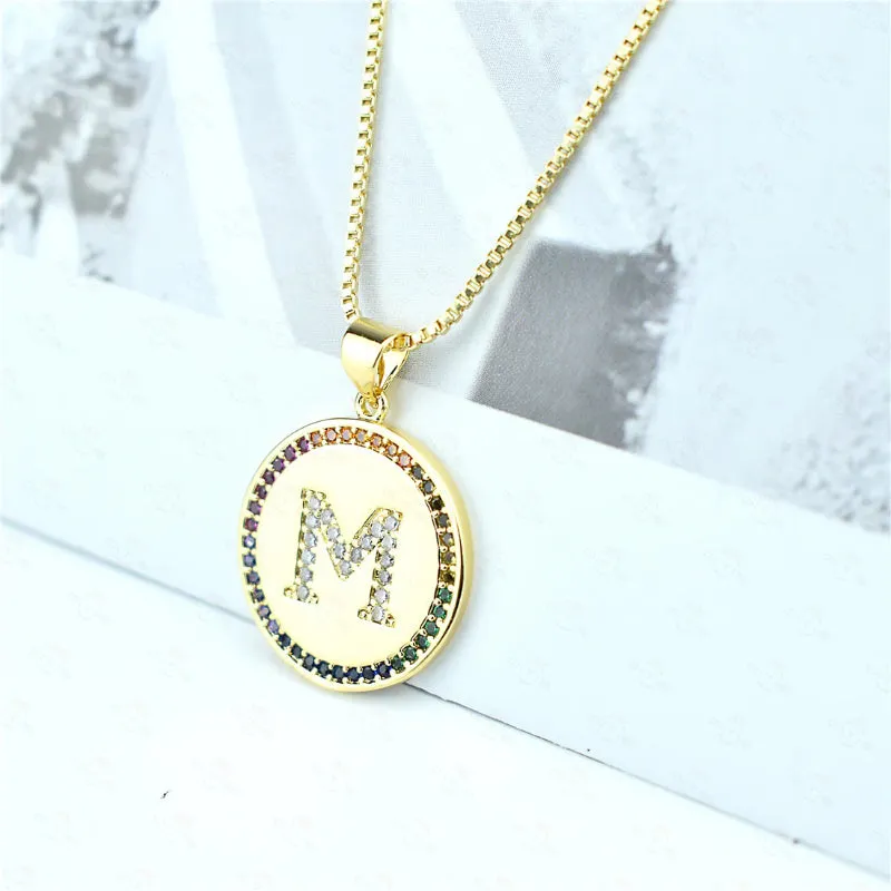 Rainbow Zircon Accented Personalized Initial Letter Pendant Necklaces