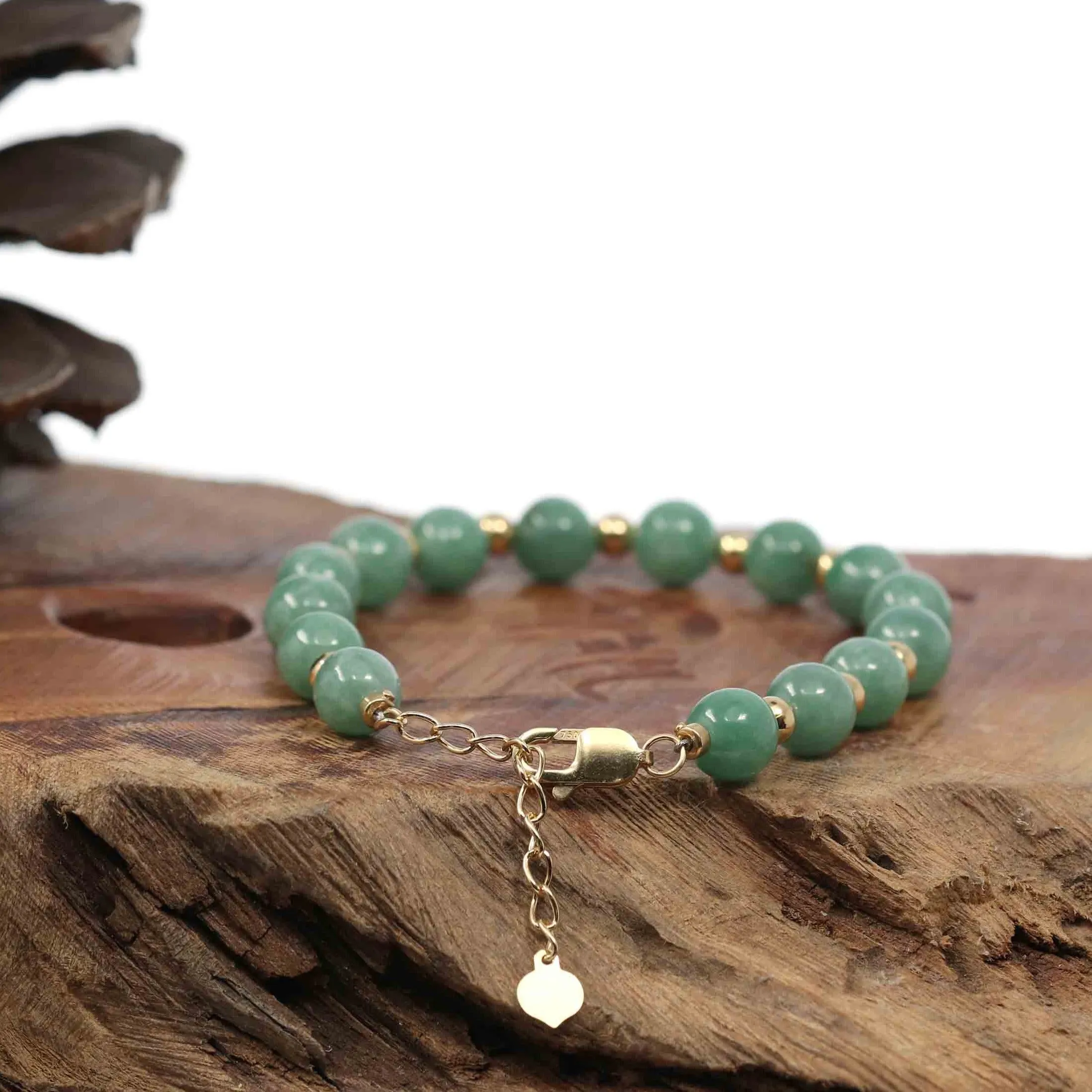RealJade® Co. Genuine Green Jadeite Jade Round Beads Bracelet With 18K Yellow Gold Clasp and Gold Beads ( 7 mm )