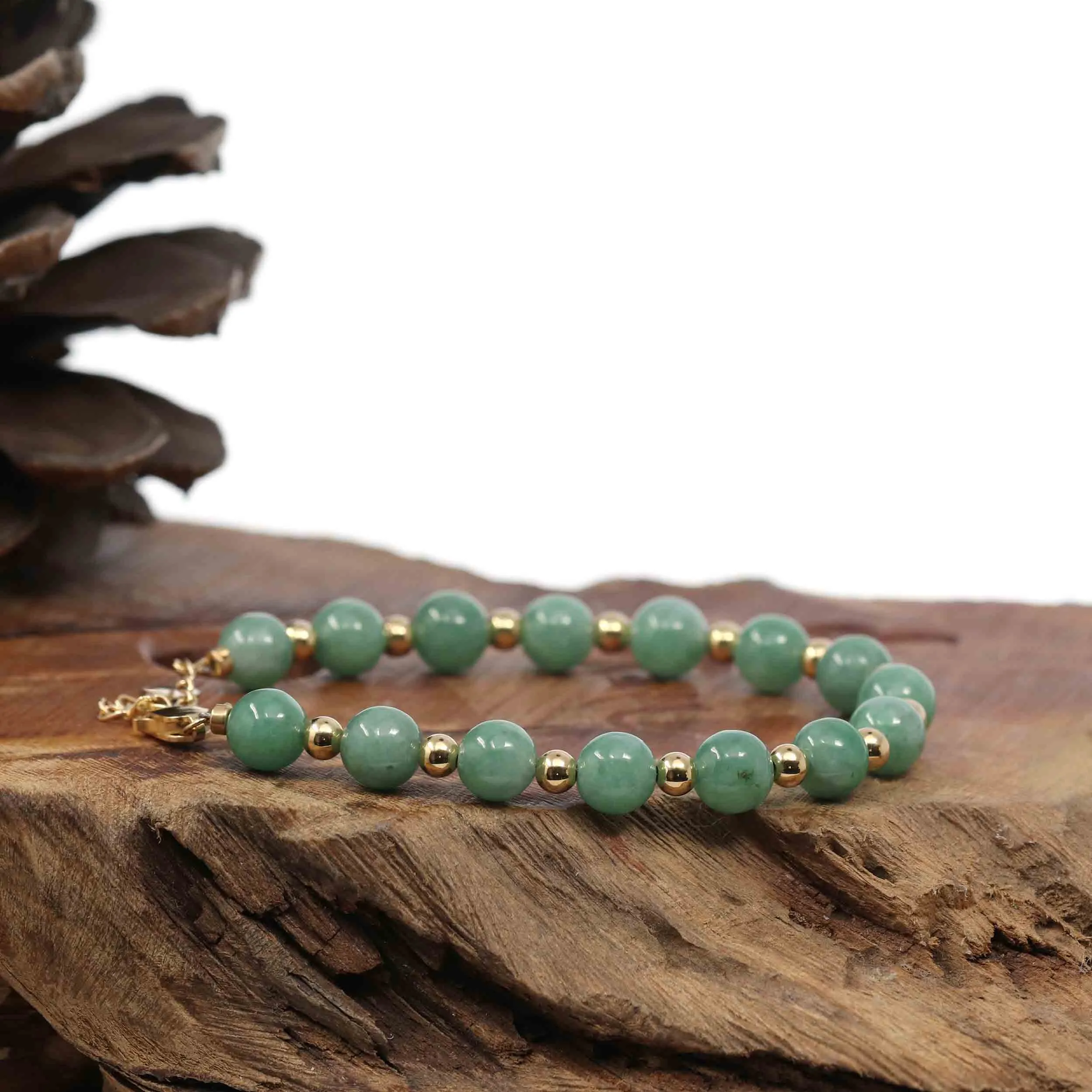 RealJade® Co. Genuine Green Jadeite Jade Round Beads Bracelet With 18K Yellow Gold Clasp and Gold Beads ( 7 mm )