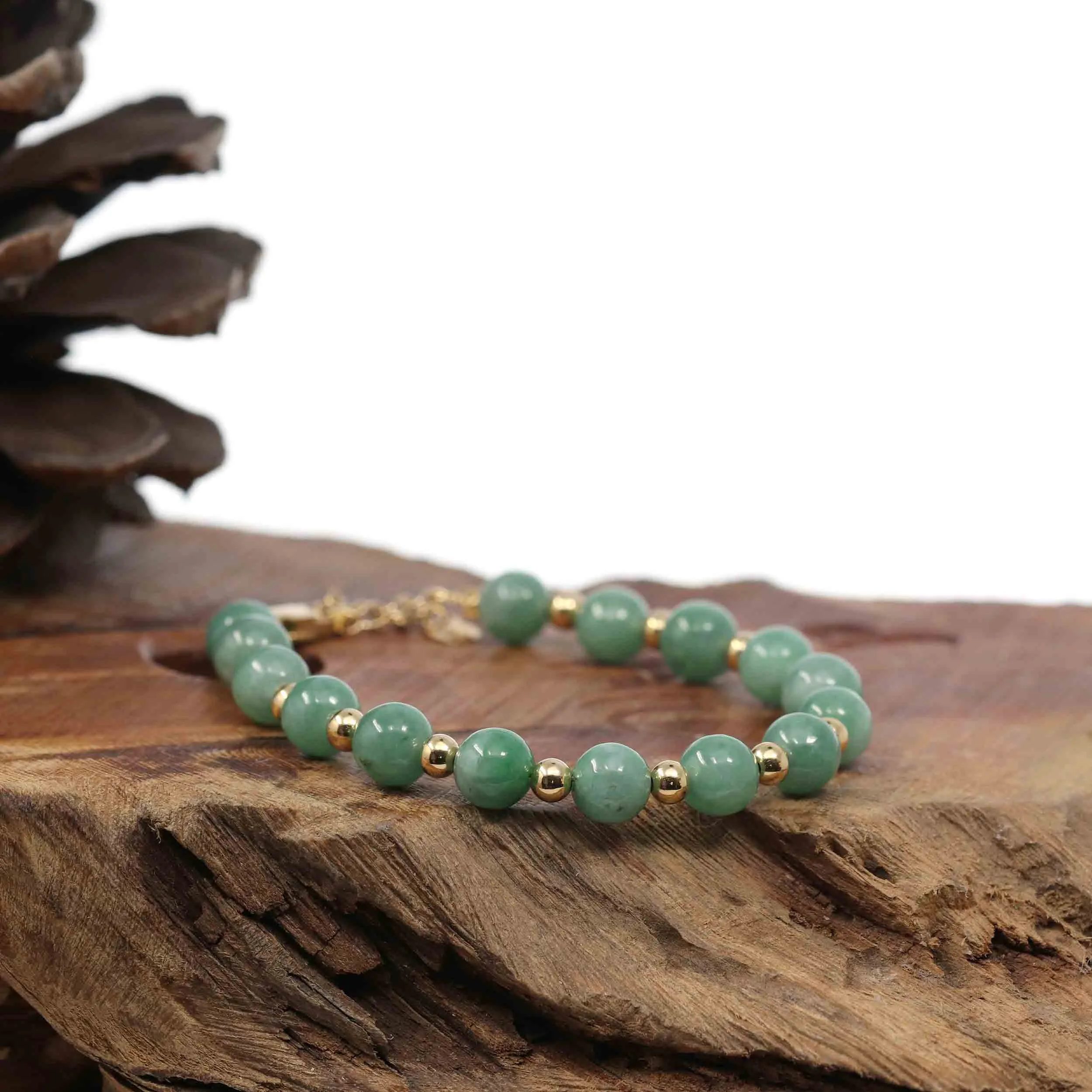 RealJade® Co. Genuine Green Jadeite Jade Round Beads Bracelet With 18K Yellow Gold Clasp and Gold Beads ( 7 mm )
