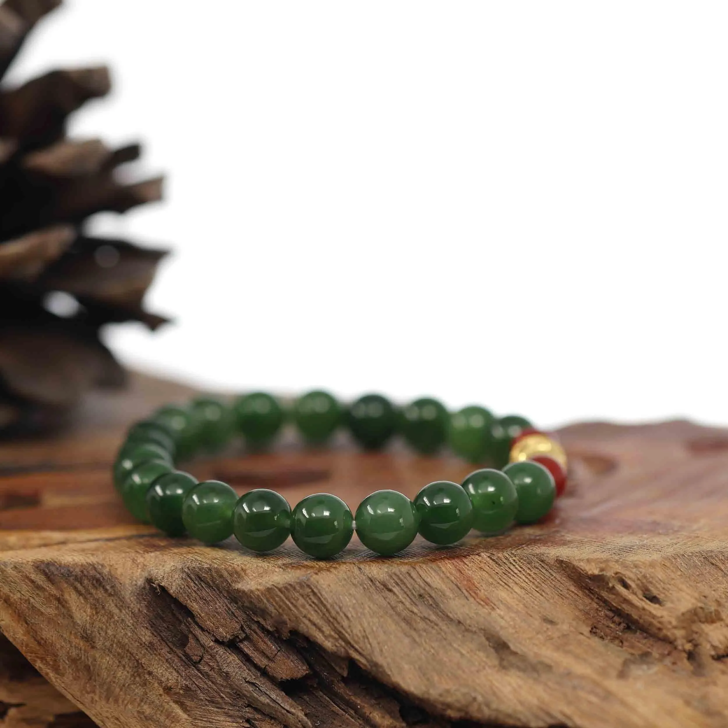 RealJade® Co. Natural Green Nephrite Jade Round Beads Bracelet 24K Pure Yellow Gold Oval Star Charm ( 8 mm )