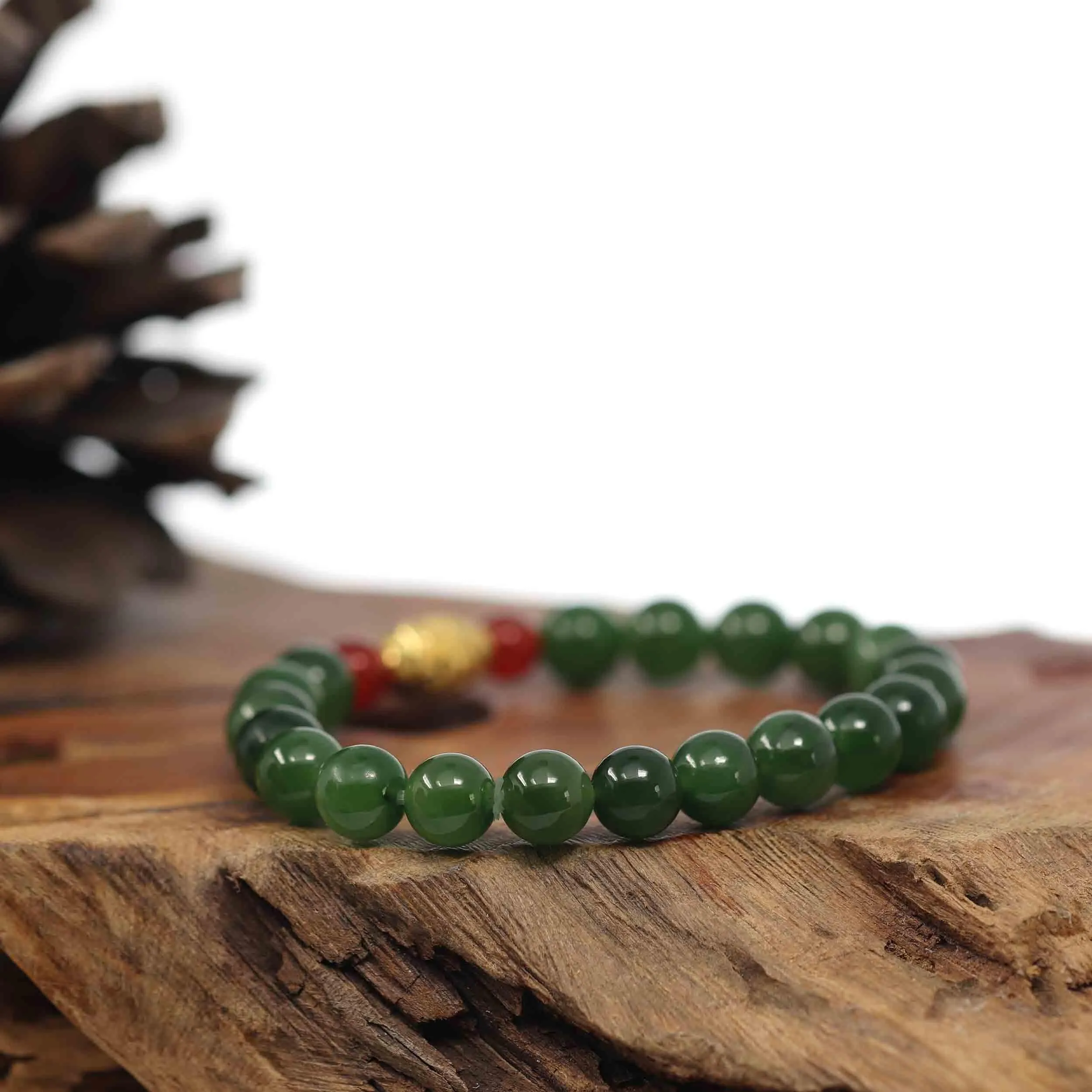 RealJade® Co. Natural Green Nephrite Jade Round Beads Bracelet 24K Pure Yellow Gold Oval Star Charm ( 8 mm )