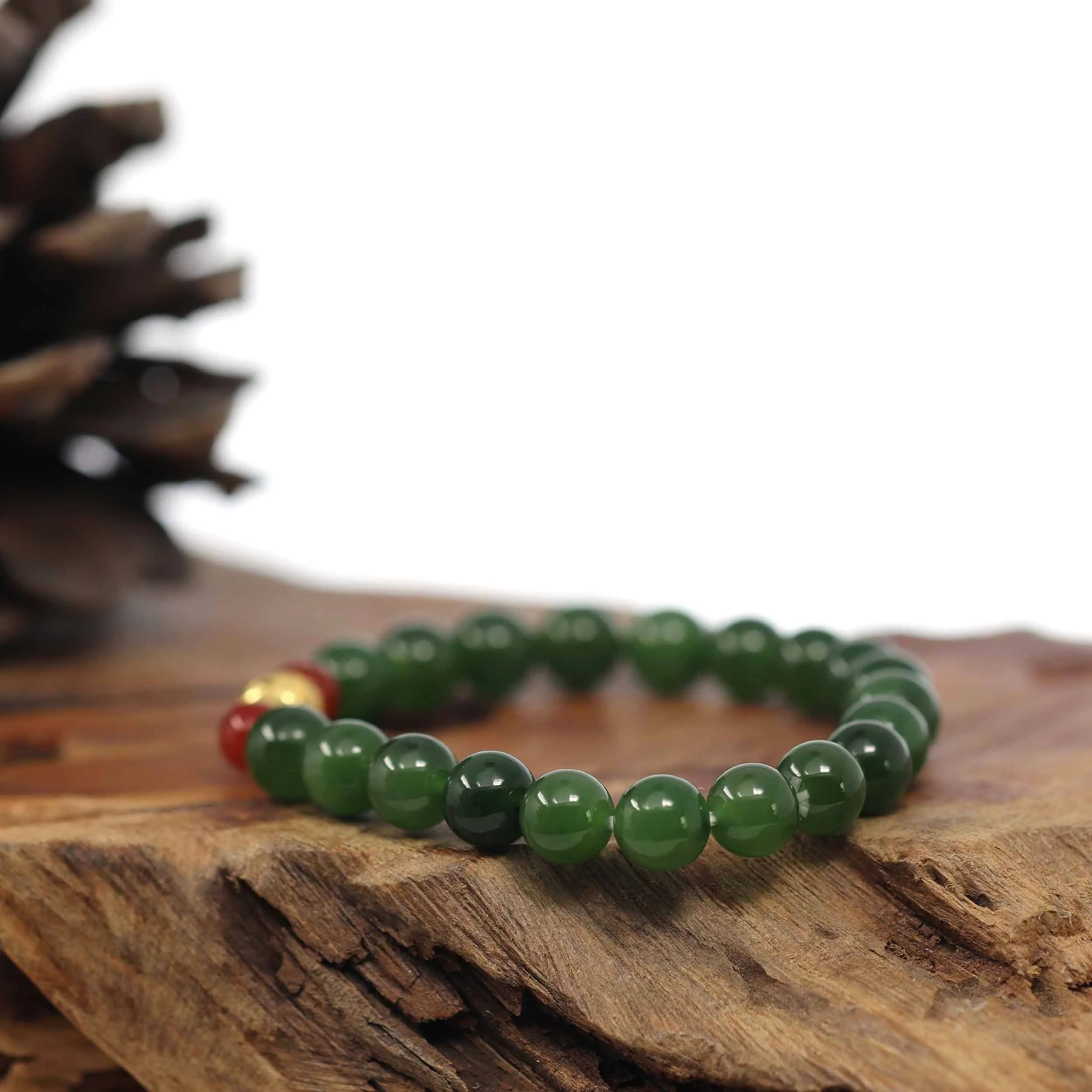 RealJade® Co. Natural Green Nephrite Jade Round Beads Bracelet 24K Pure Yellow Gold Oval Star Charm ( 8 mm )