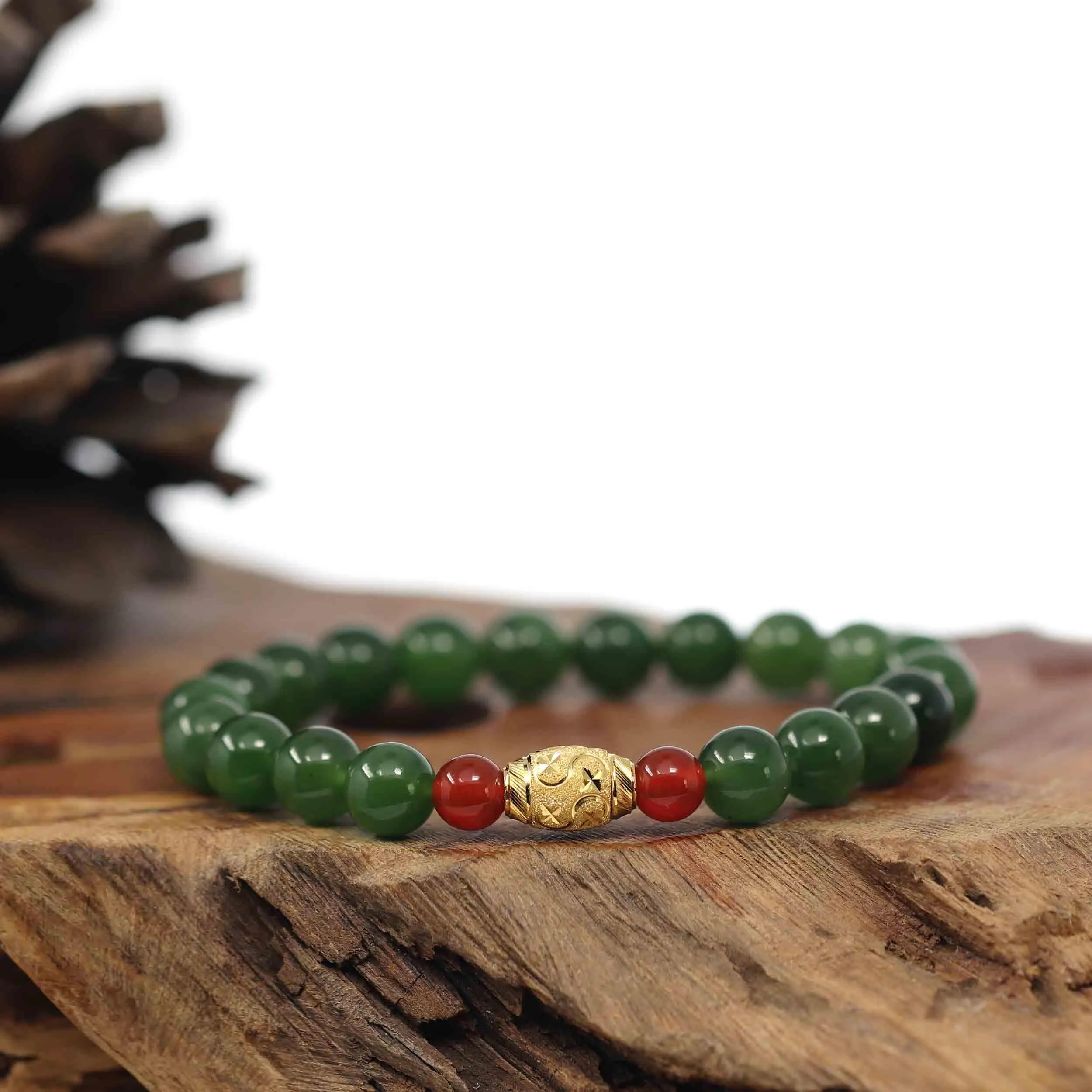 RealJade® Co. Natural Green Nephrite Jade Round Beads Bracelet 24K Pure Yellow Gold Oval Star Charm ( 8 mm )