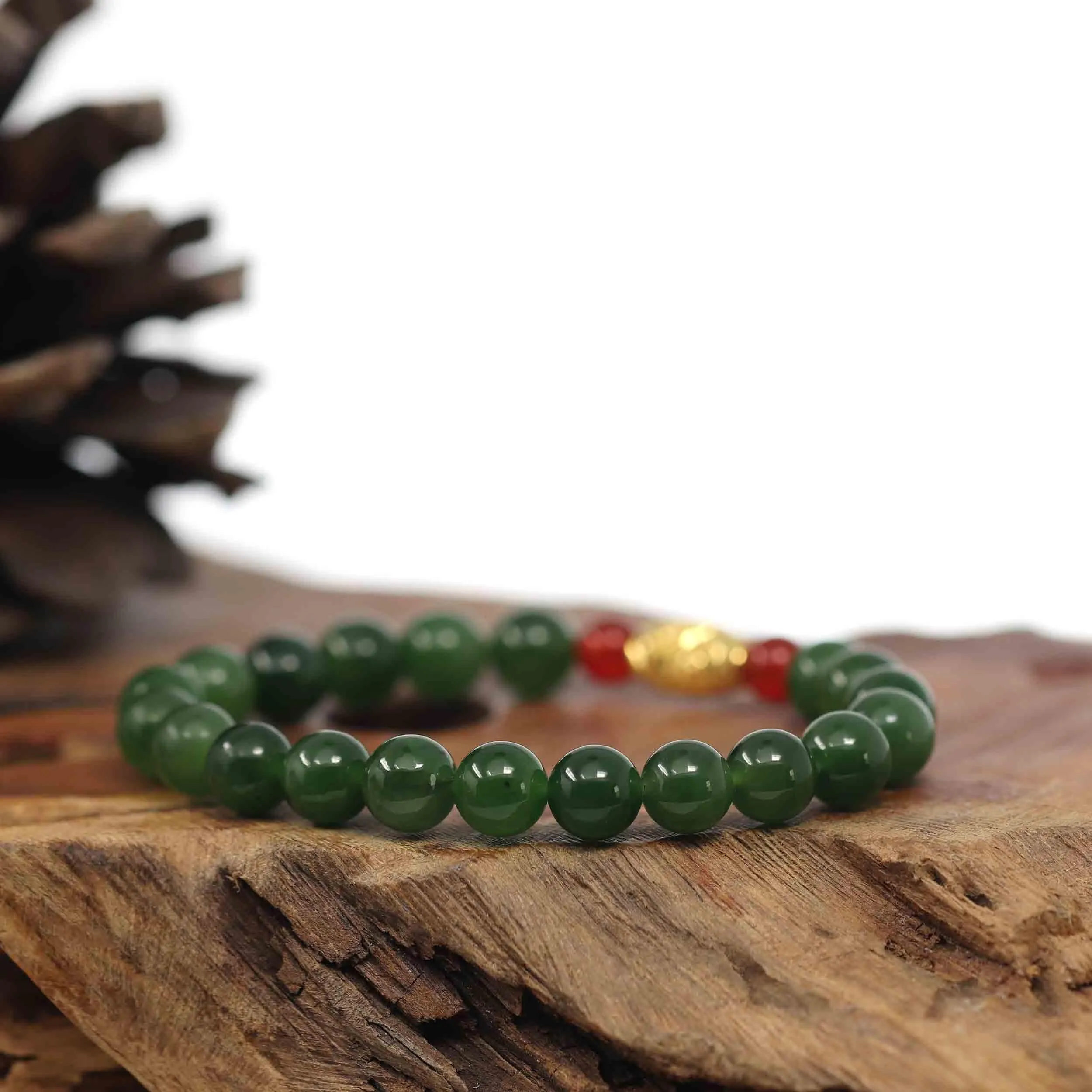 RealJade® Co. Natural Green Nephrite Jade Round Beads Bracelet 24K Pure Yellow Gold Oval Star Charm ( 8 mm )