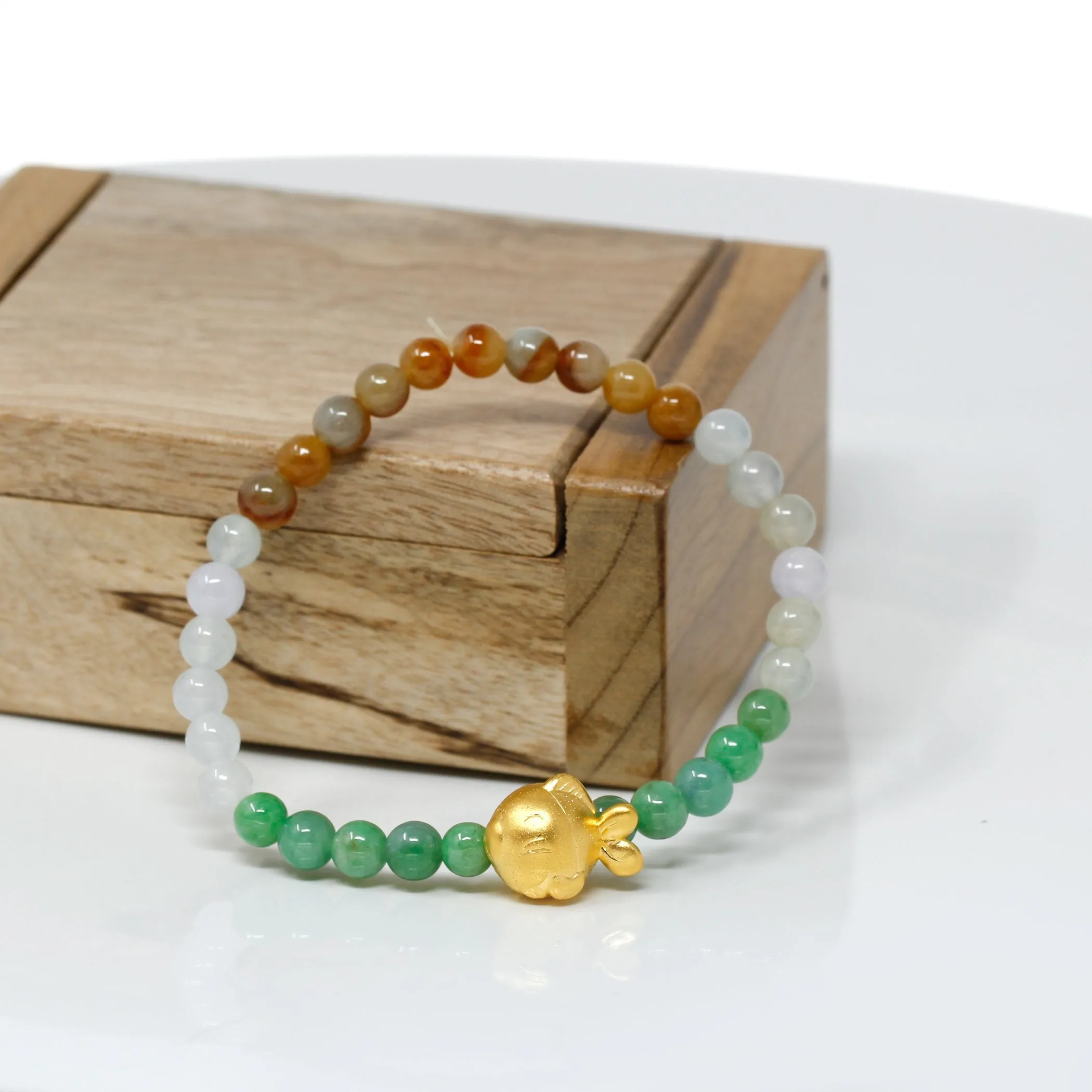 RealJade® "Cute Gold Fish" Genuine High-quality Jade Jadeite Bracelet Bangle with 24k Yellow Goldfish Charm Colorful #405