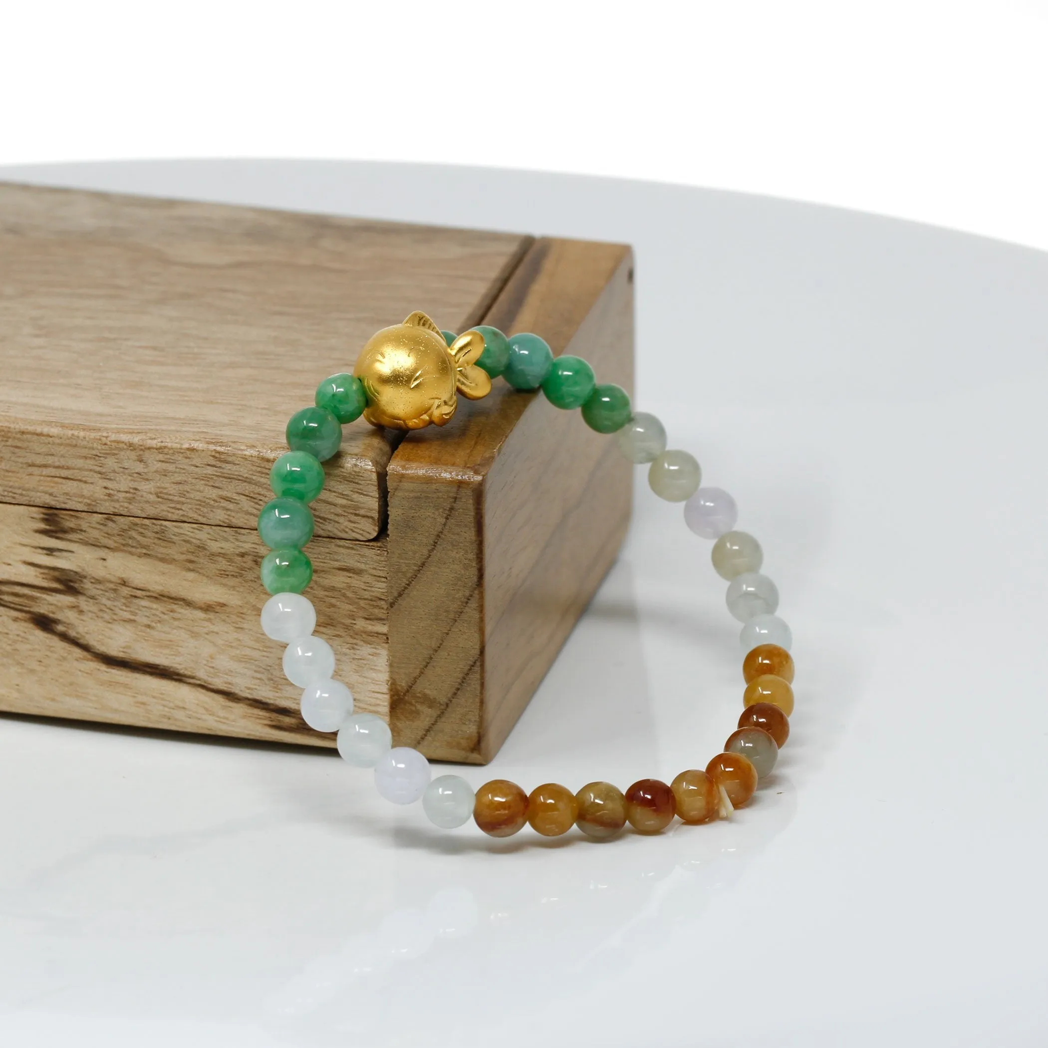RealJade® "Cute Gold Fish" Genuine High-quality Jade Jadeite Bracelet Bangle with 24k Yellow Goldfish Charm Colorful #405