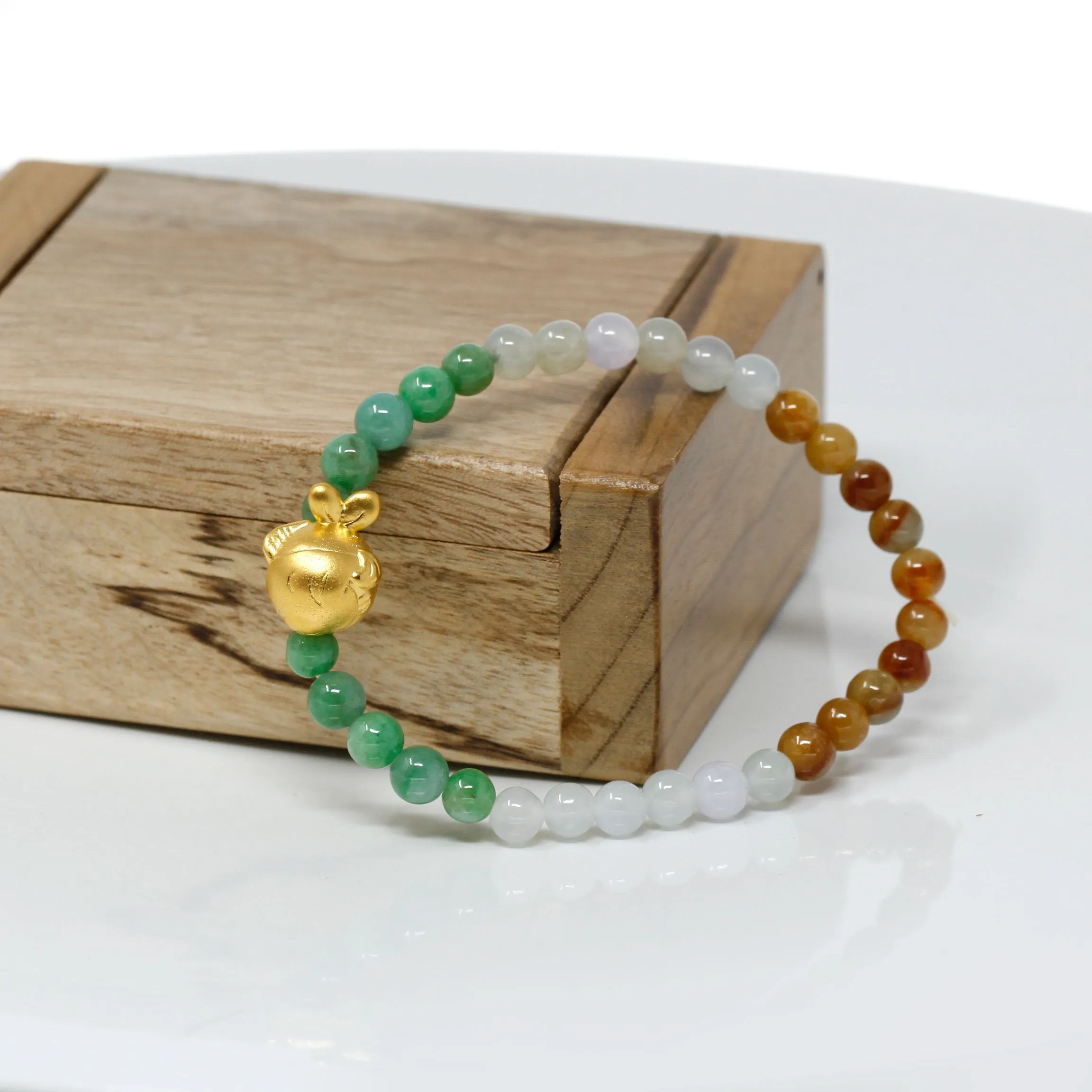 RealJade® "Cute Gold Fish" Genuine High-quality Jade Jadeite Bracelet Bangle with 24k Yellow Goldfish Charm Colorful #405